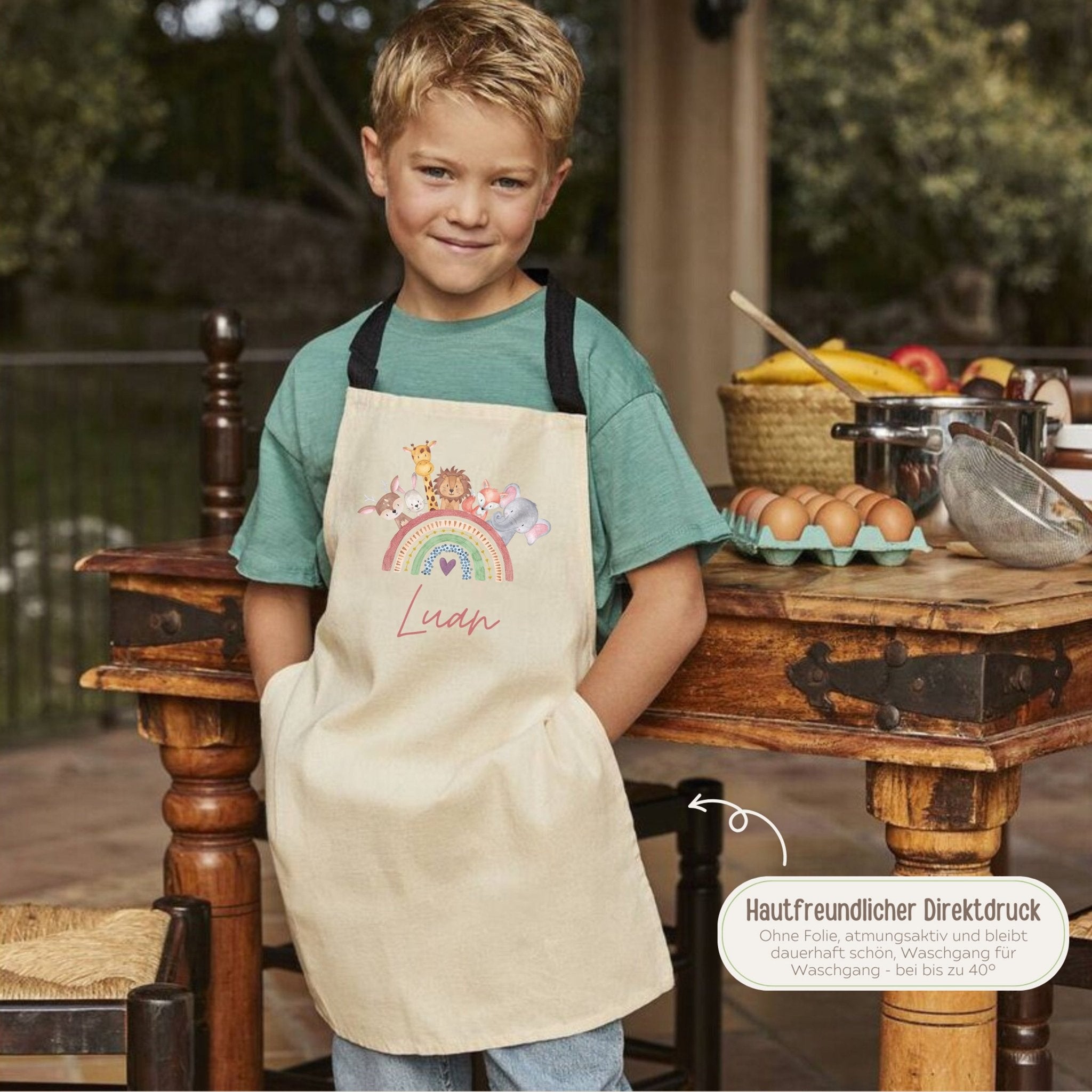 Kinder Schürze Pastell "Regenbogen Tiere" personalisiert - wunderwunsch