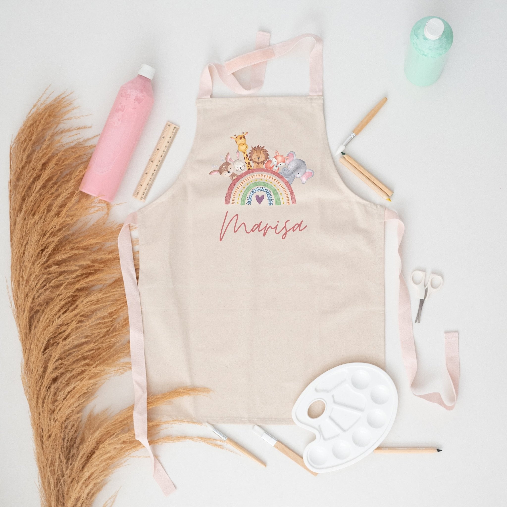 Kinder Schürze Pastell "Regenbogen Tiere" personalisiert - wunderwunsch