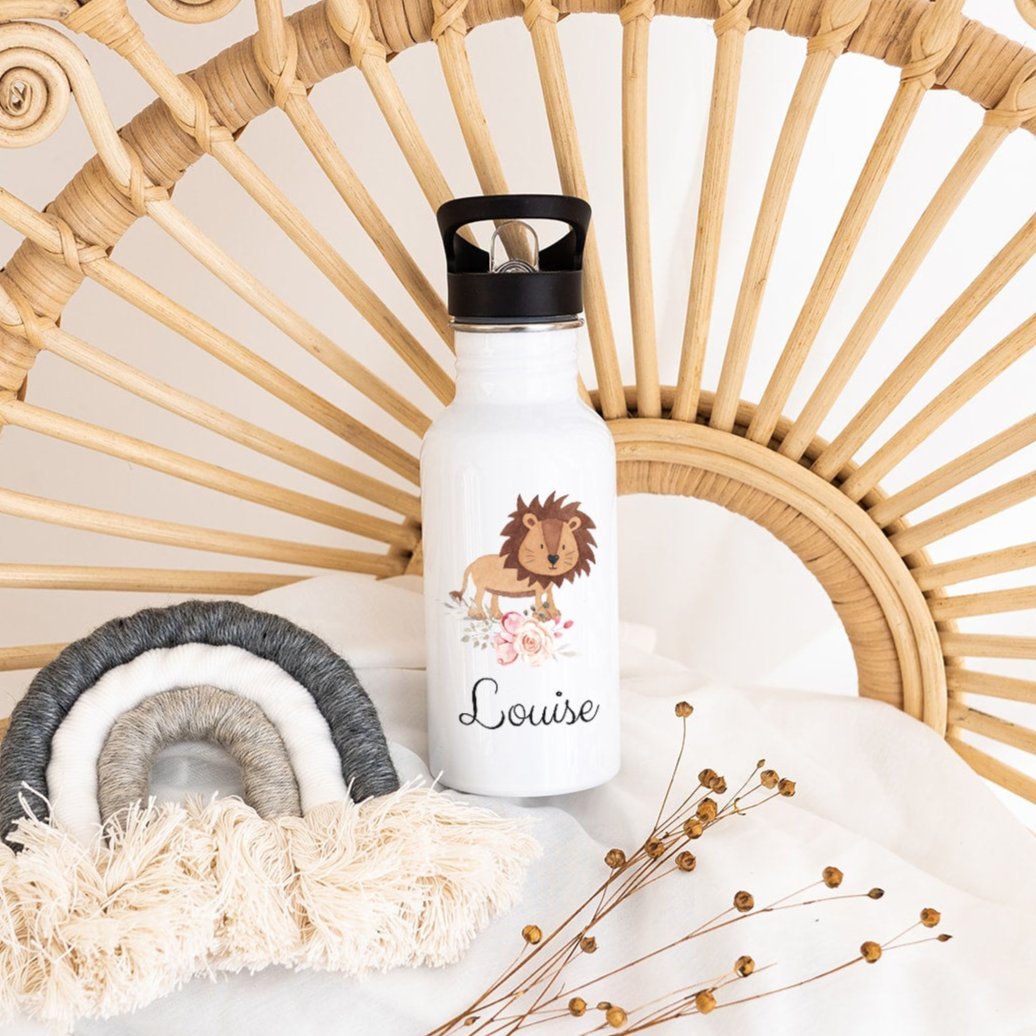 Kinder Trinkflasche weiß mit Trinkhalm personalisiert - Blumen Tier Aquarell - wunderwunsch