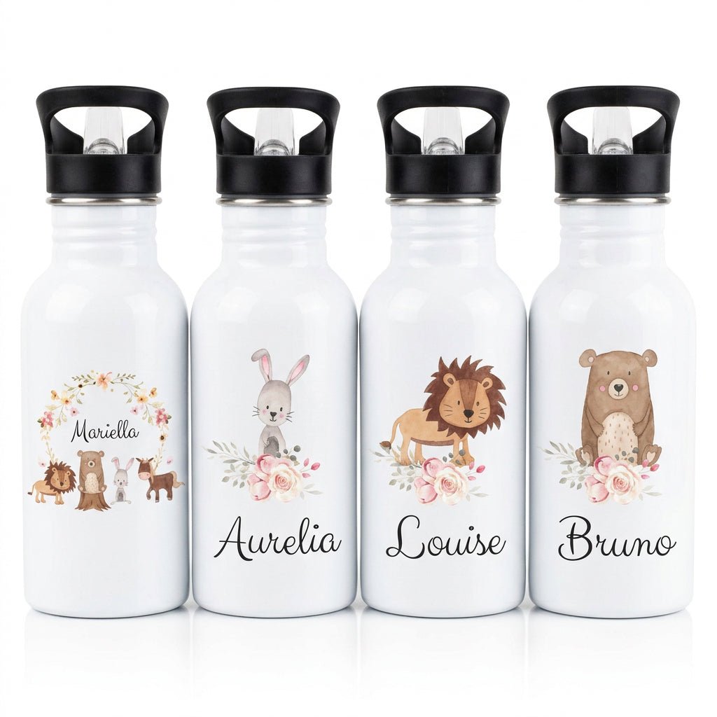 Kinder Trinkflasche weiß mit Trinkhalm personalisiert
