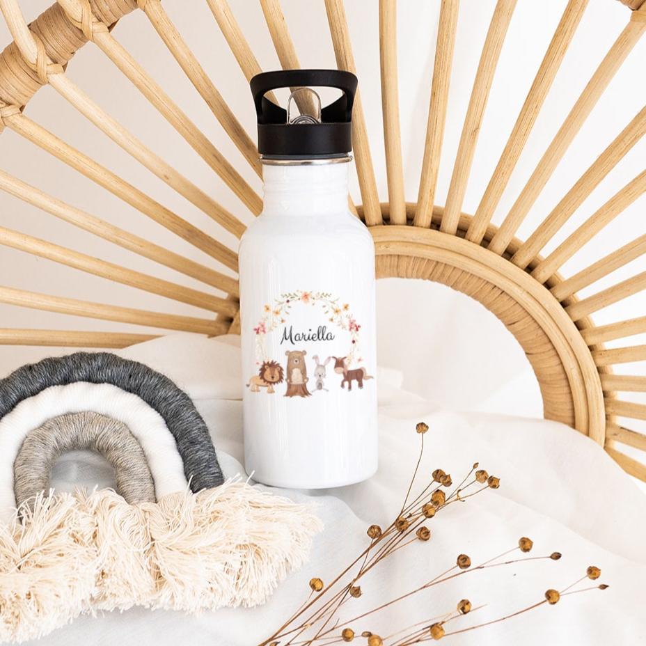 Kinder Trinkflasche weiß mit Trinkhalm personalisiert - Blumen Tier Aquarell - wunderwunsch