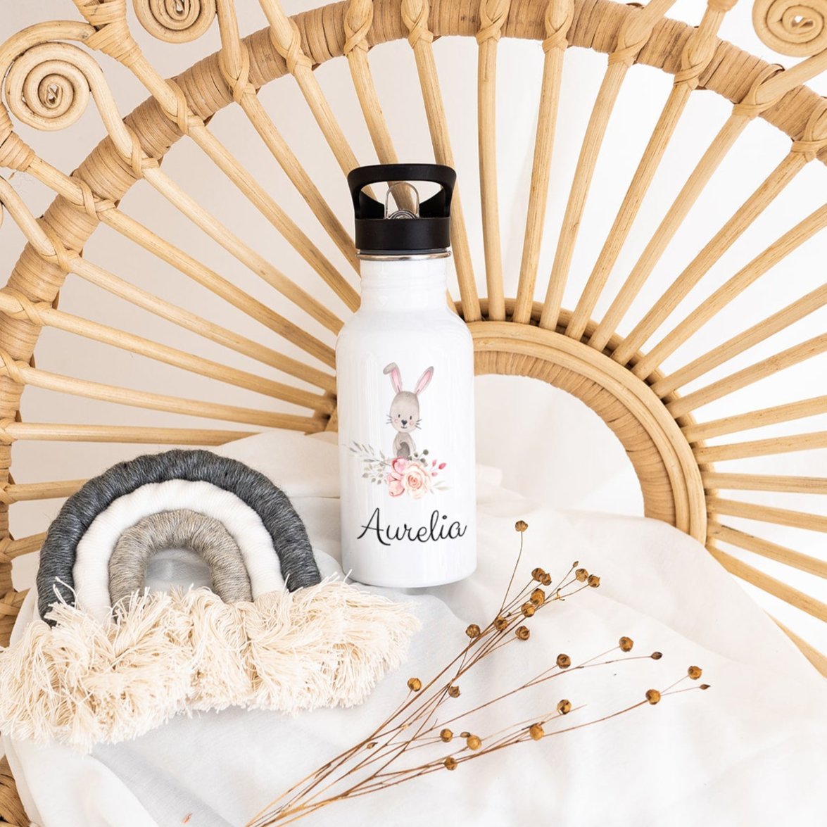 Kinder Trinkflasche weiß mit Trinkhalm personalisiert - Blumen Tier Aquarell - wunderwunsch