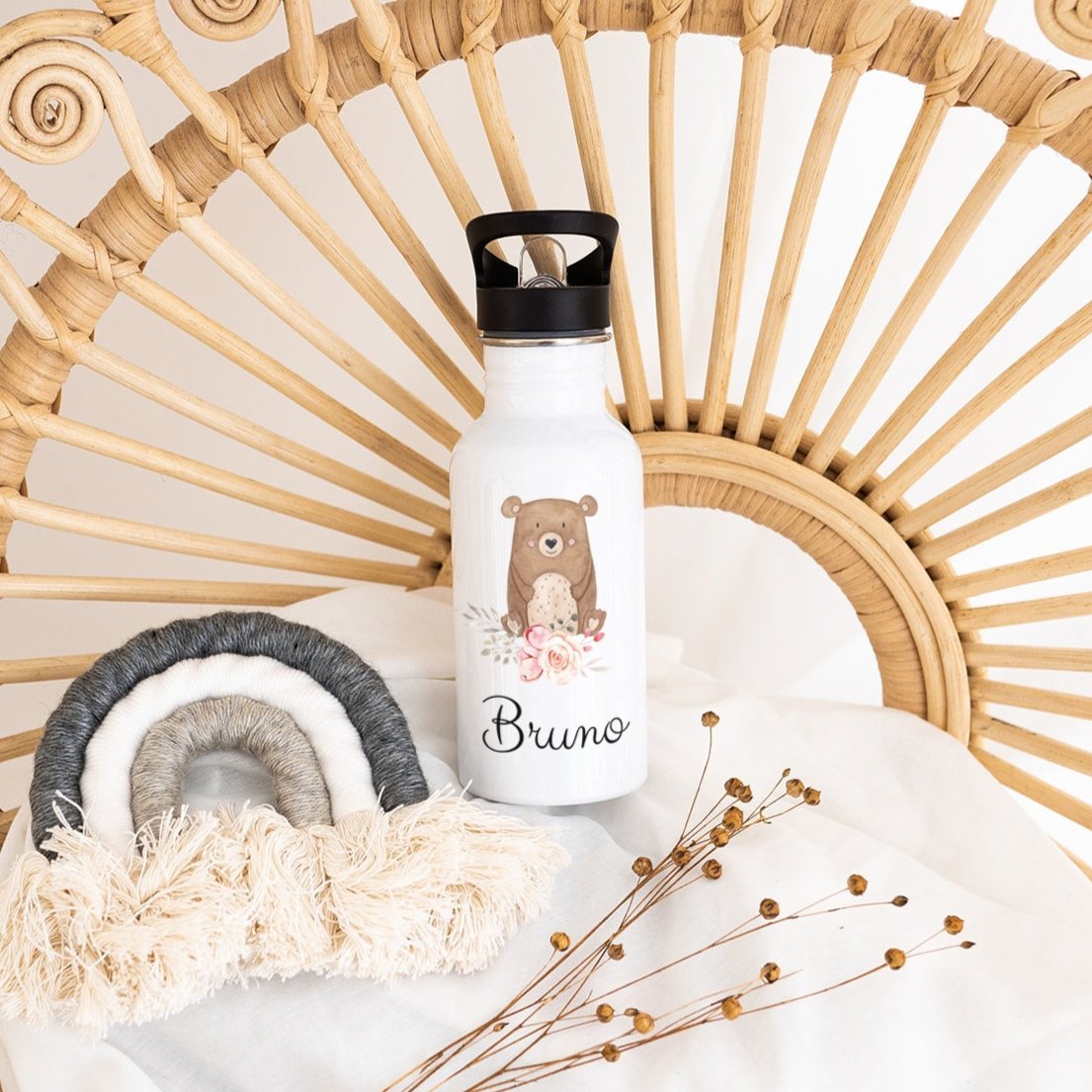Kinder Trinkflasche weiß mit Trinkhalm personalisiert - Blumen Tier Aquarell - wunderwunsch