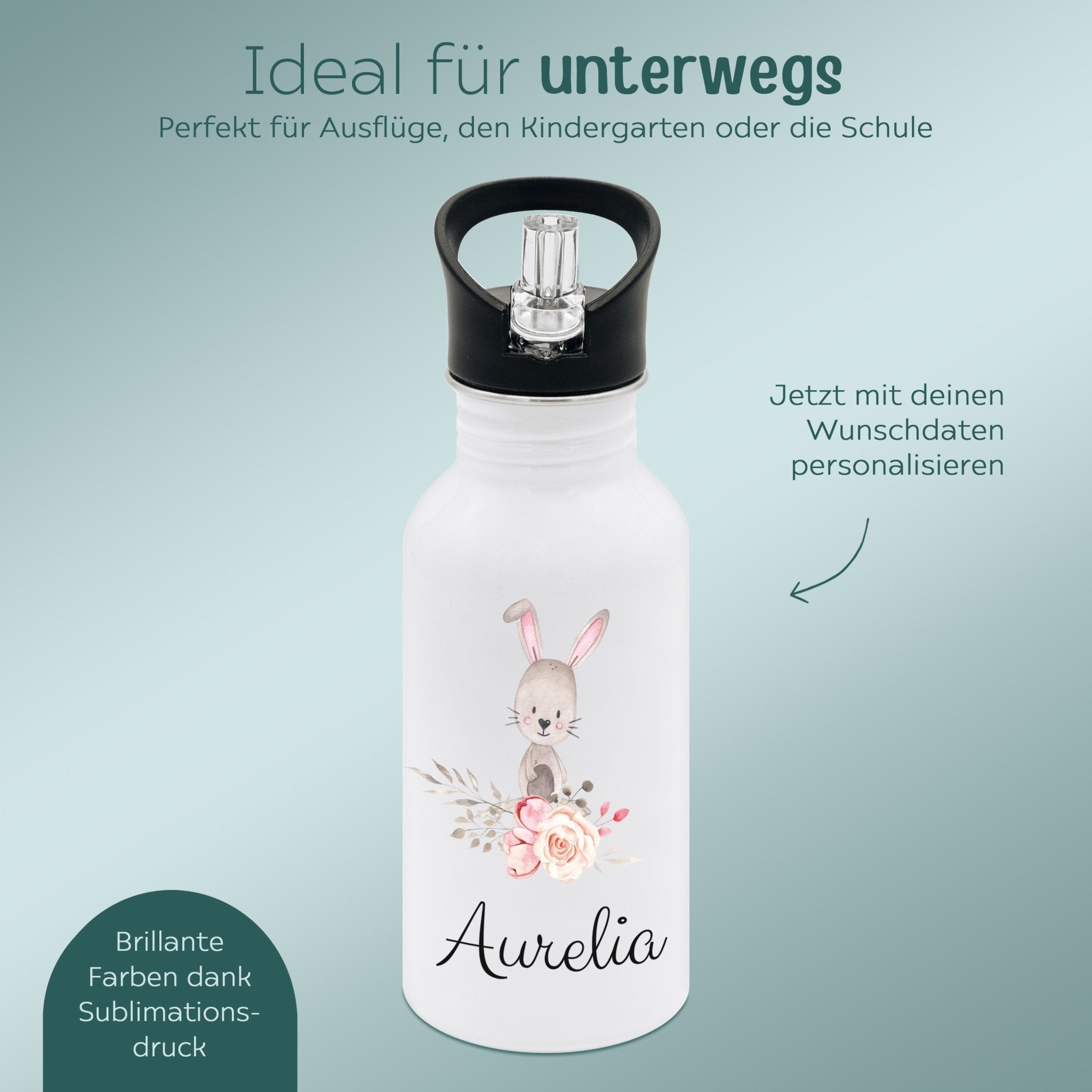 Kinder Trinkflasche weiß mit Trinkhalm personalisiert - Blumen Tier Aquarell - wunderwunsch