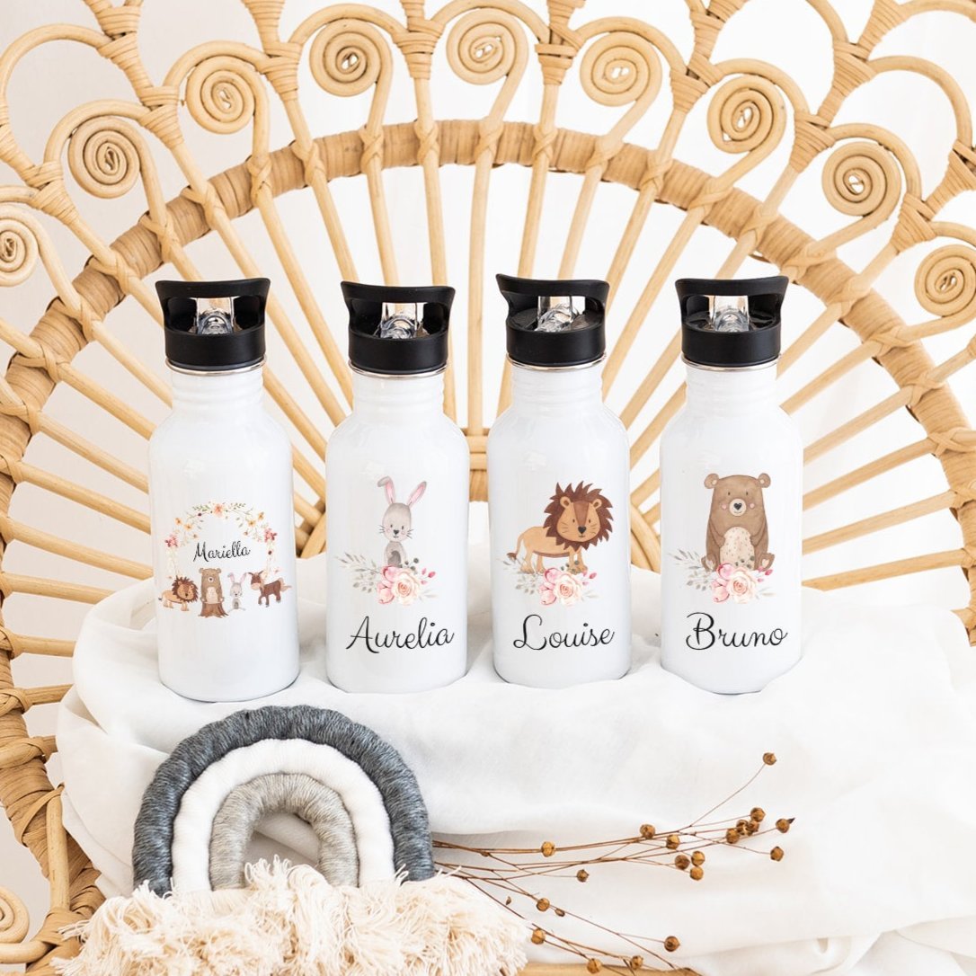 Kinder Trinkflasche weiß mit Trinkhalm personalisiert - Blumen Tier Aquarell - wunderwunsch