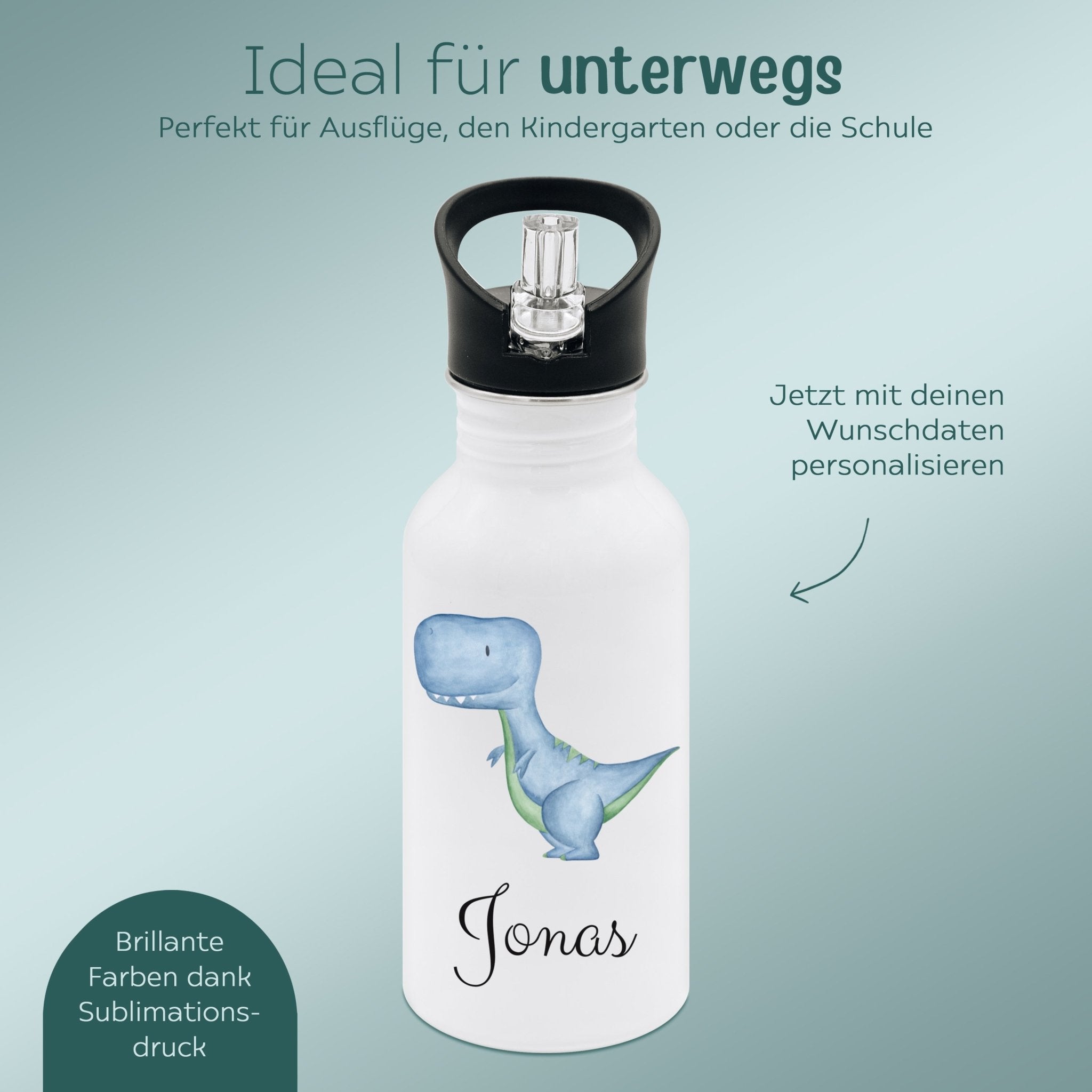 Kinder Trinkflasche weiß mit Trinkhalm personalisiert - Dinosaurier Aquarell - wunderwunsch