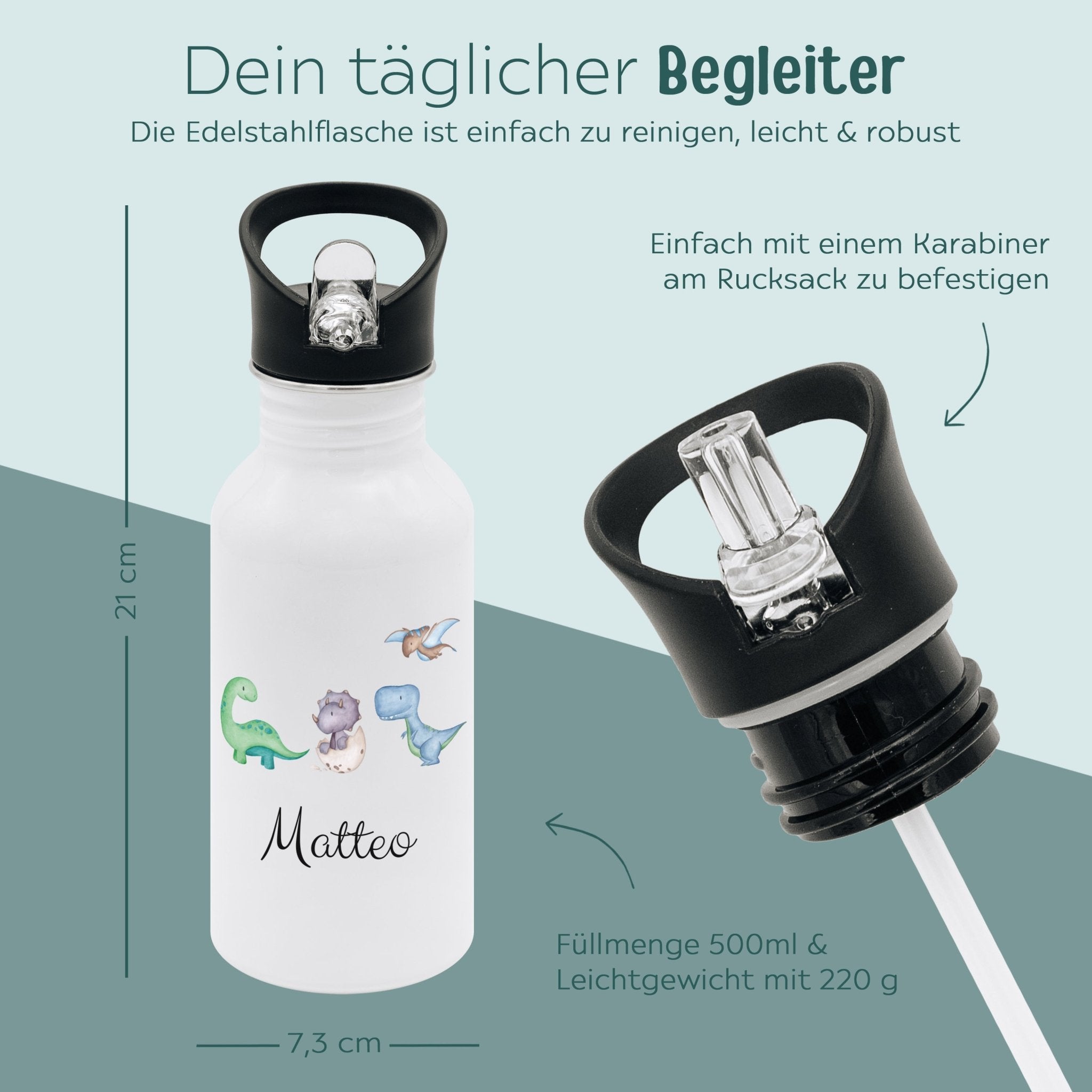 Kinder Trinkflasche weiß mit Trinkhalm personalisiert - Dinosaurier Aquarell - wunderwunsch