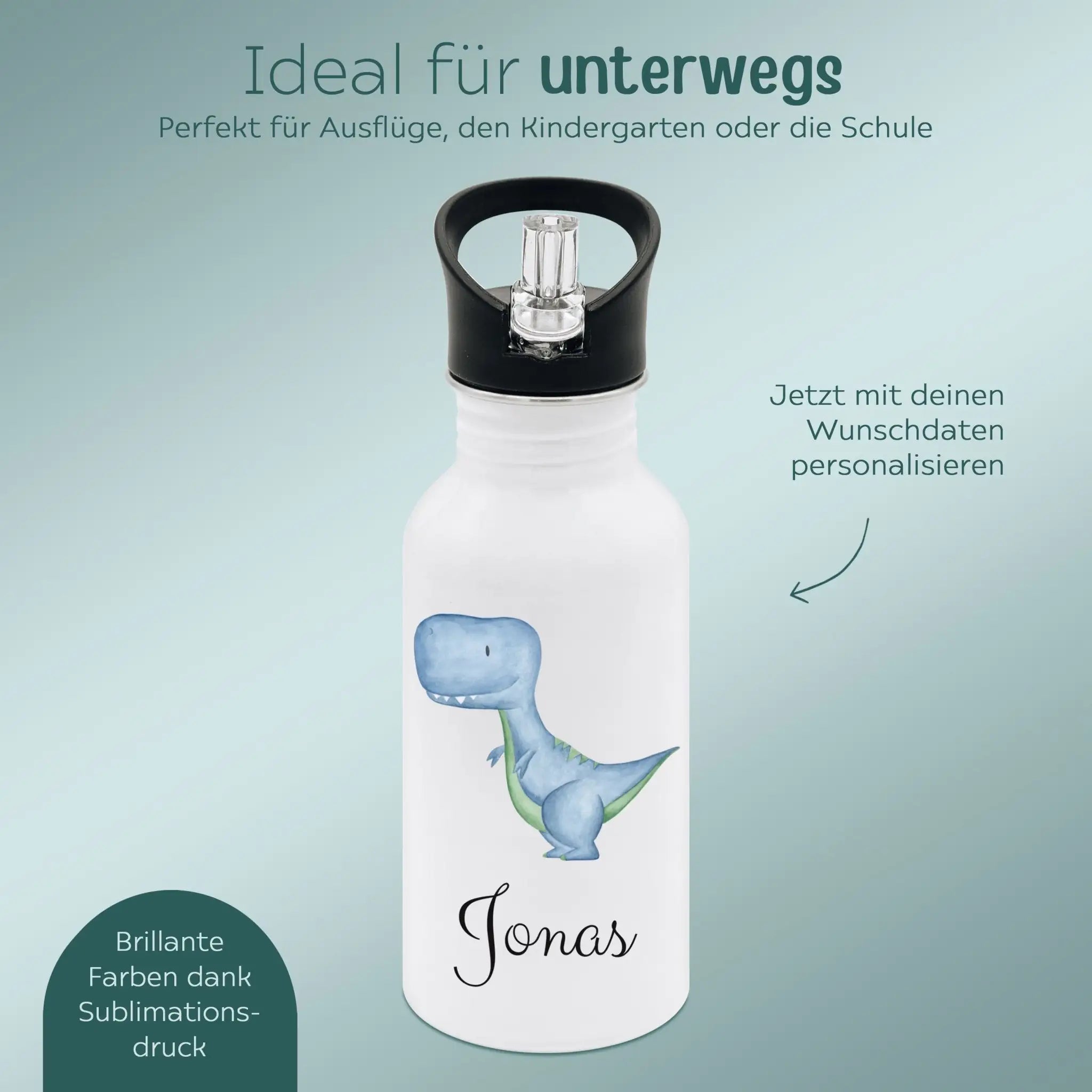 Kinder Trinkflasche weiß mit Trinkhalm personalisiert - Dinosaurier Aquarell - wunderwunsch