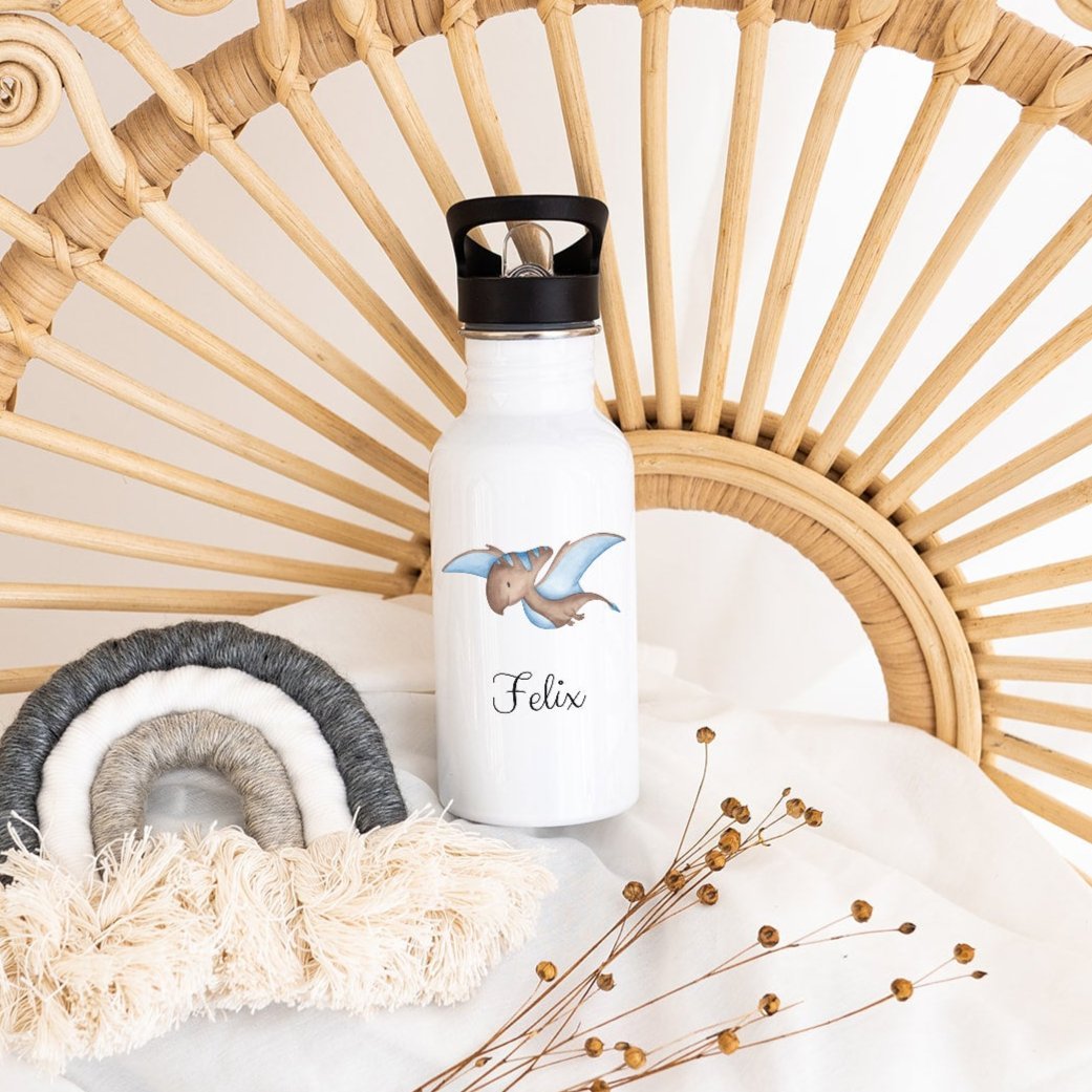 Kinder Trinkflasche weiß mit Trinkhalm personalisiert - Dinosaurier Aquarell - wunderwunsch
