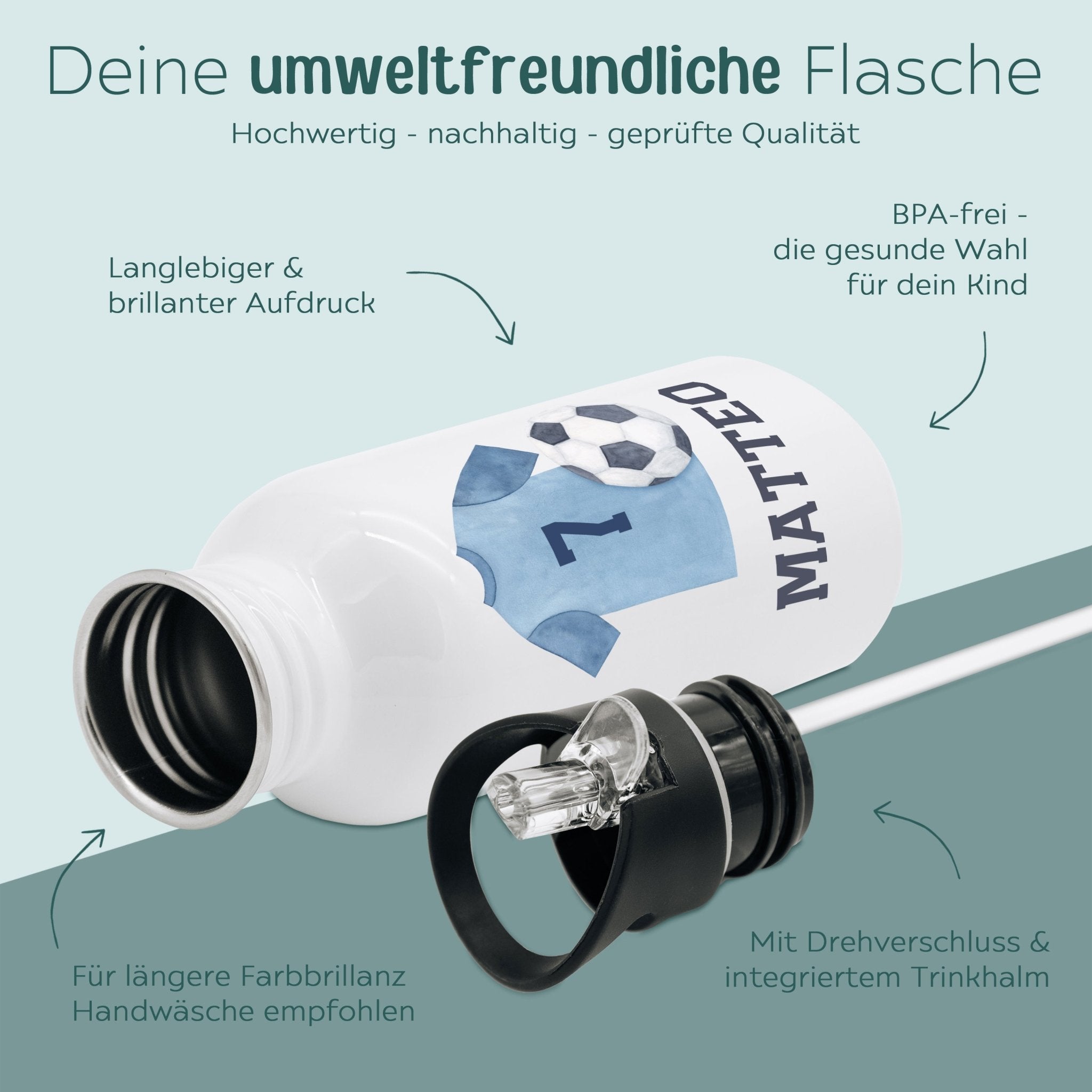 Kinder Trinkflasche weiß mit Trinkhalm personalisiert - Fußball Trikot Aquarell - wunderwunsch