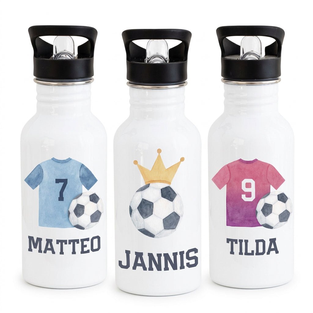 Kinder Trinkflasche weiß mit Trinkhalm personalisiert