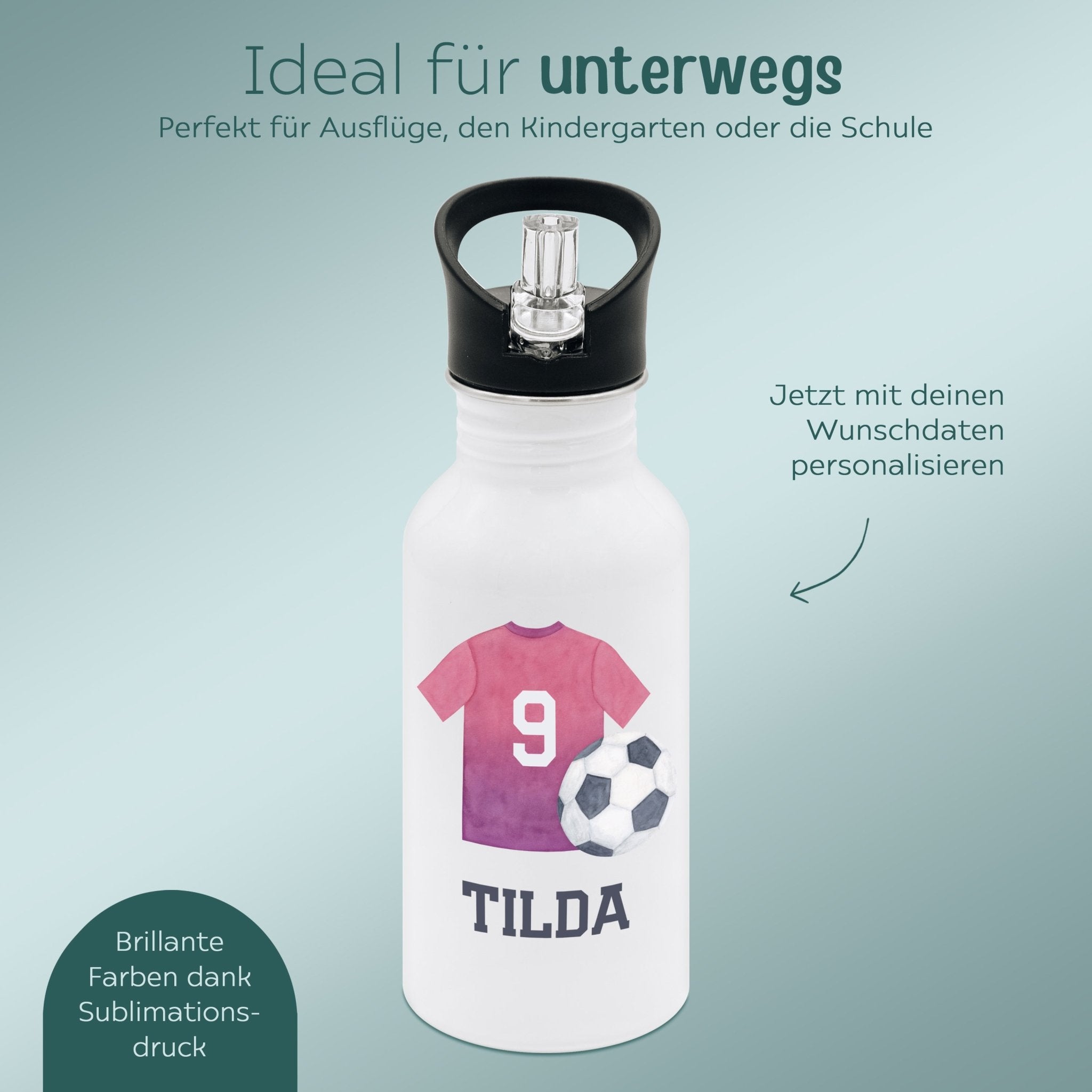 Kinder Trinkflasche weiß mit Trinkhalm personalisiert - Fußball Trikot Aquarell - wunderwunsch