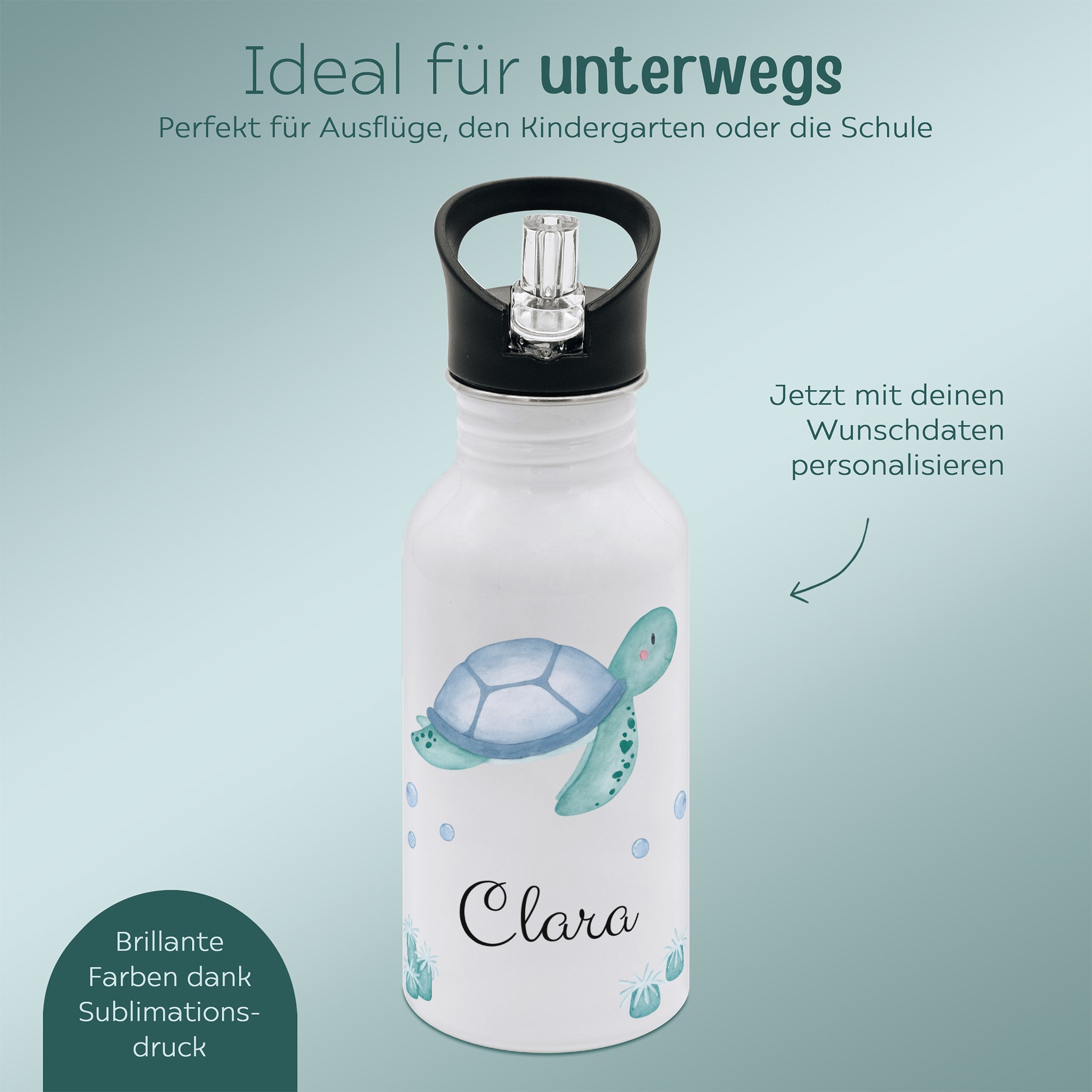Kinder Trinkflasche weiß mit Trinkhalm personalisiert - Meerestier Aquarell - wunderwunsch