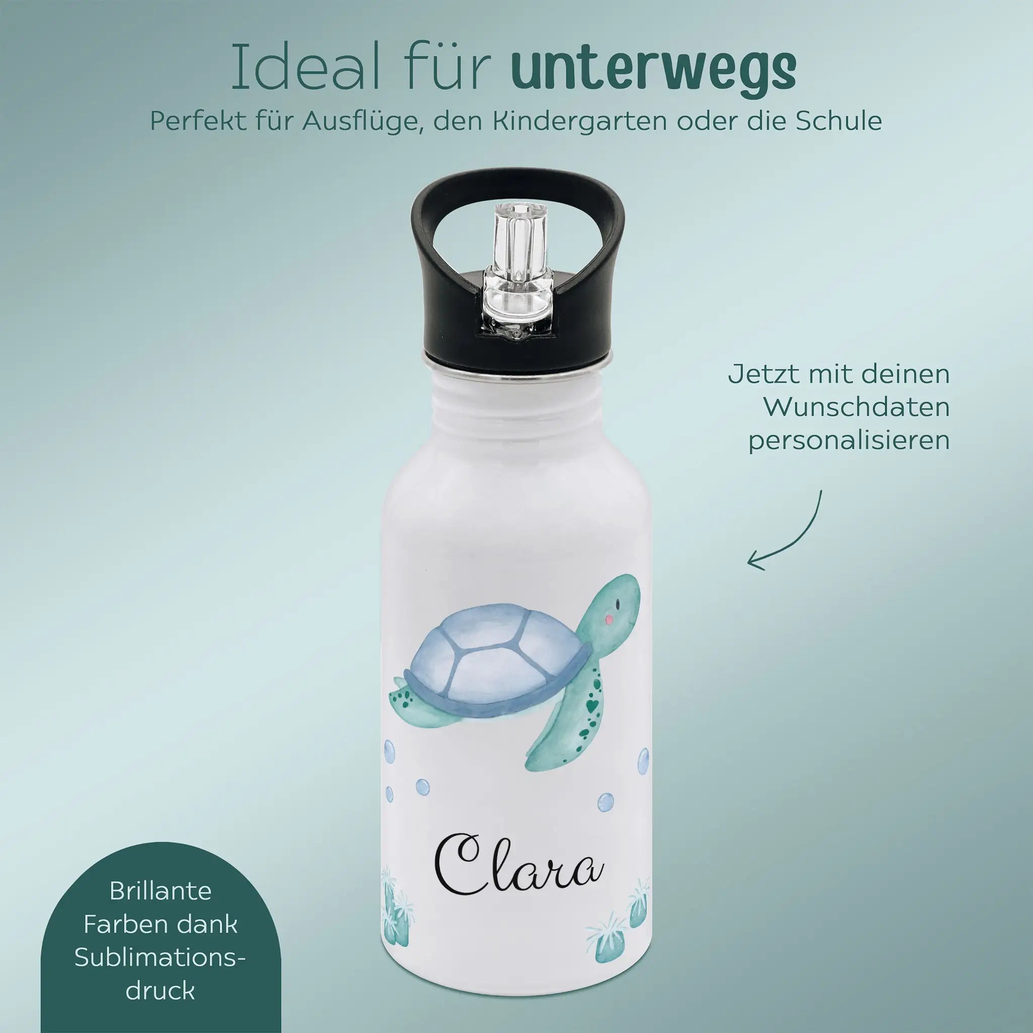 Kinder Trinkflasche weiß mit Trinkhalm personalisiert - Meerestier Aquarell - wunderwunsch