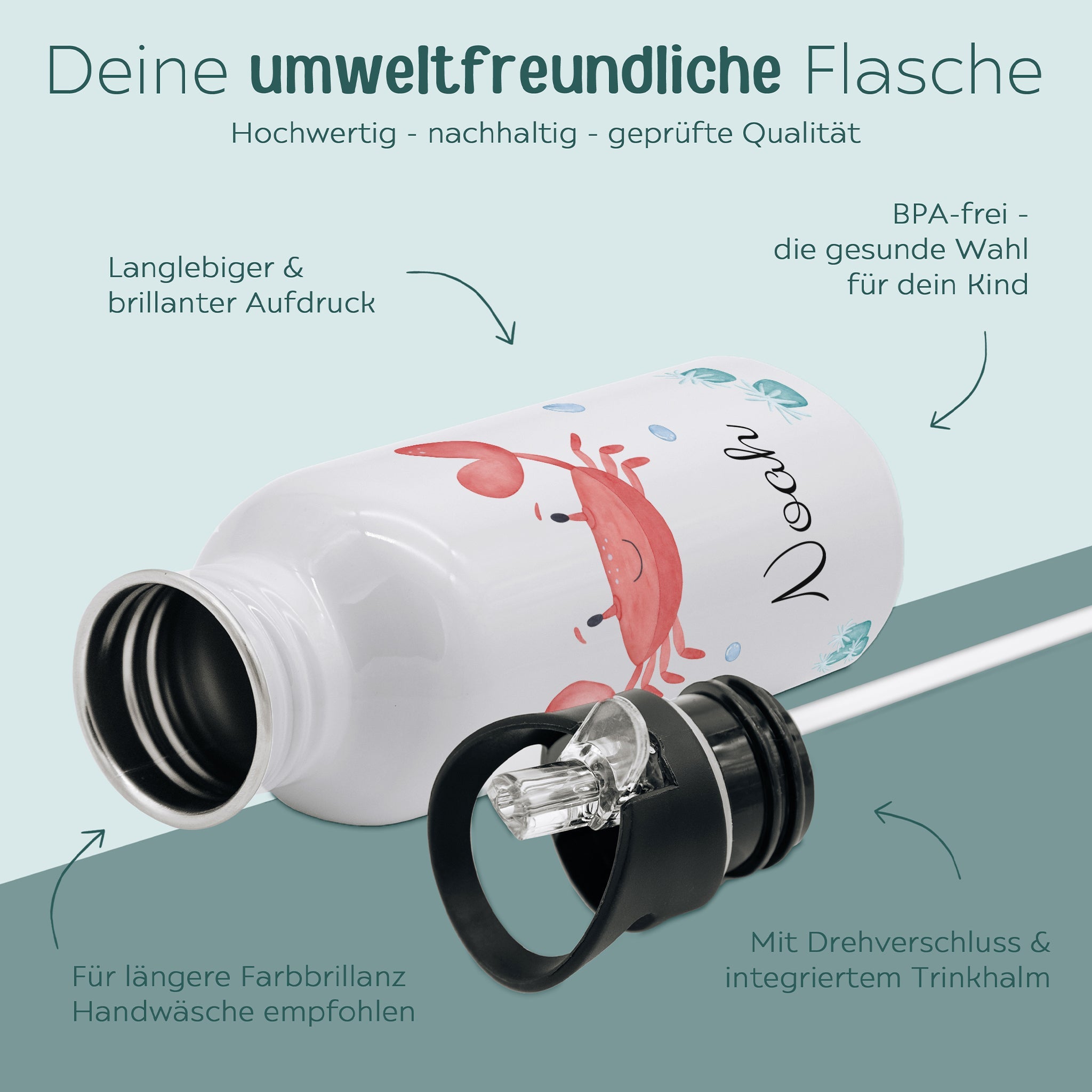 Kinder Trinkflasche weiß mit Trinkhalm personalisiert - Meerestier Aquarell - wunderwunsch