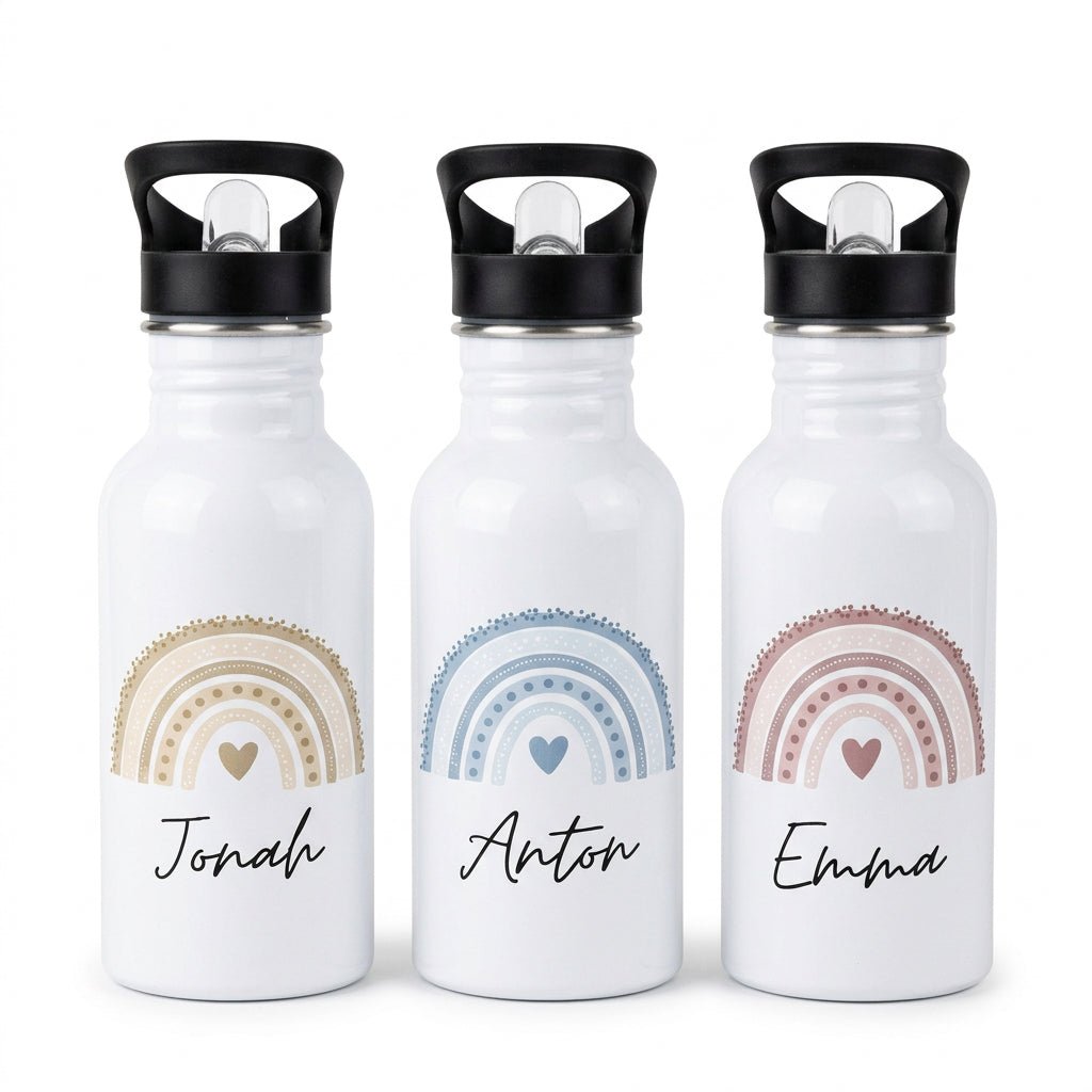 Kinder Trinkflasche weiß mit Trinkhalm personalisiert