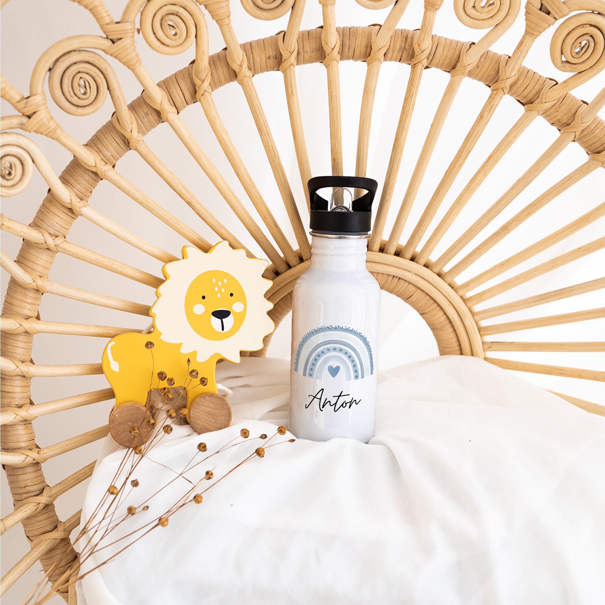 Kinder Trinkflasche weiß mit Trinkhalm personalisiert - Regenbogen Punkte Aquarell - wunderwunsch