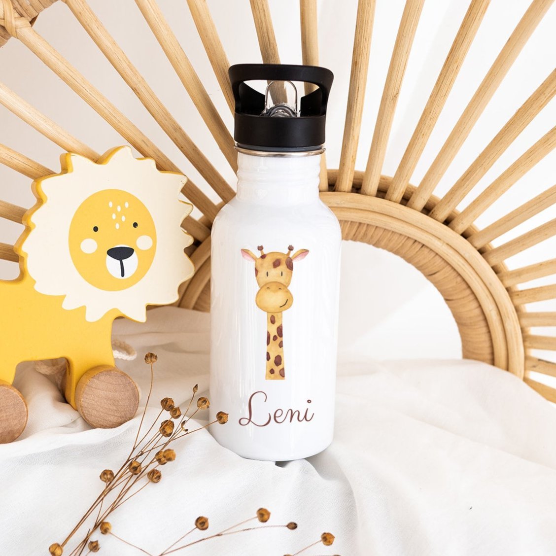 Kinder Trinkflasche weiß mit Trinkhalm personalisiert - Tier Aquarell - wunderwunsch