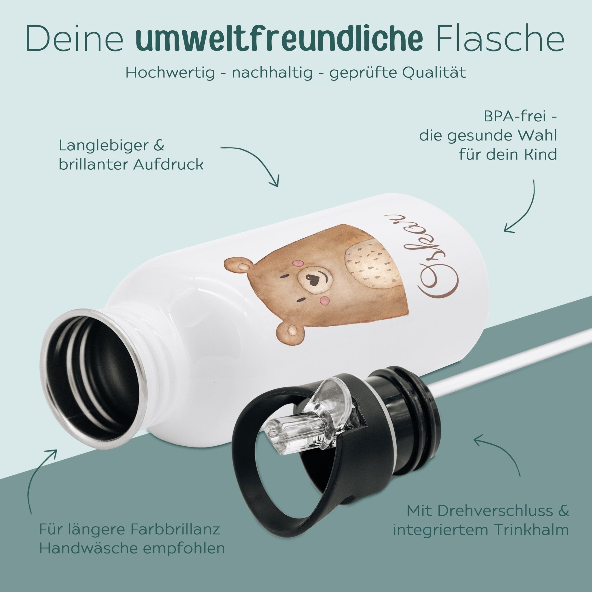 Kinder Trinkflasche weiß mit Trinkhalm personalisiert - Tier Aquarell - wunderwunsch