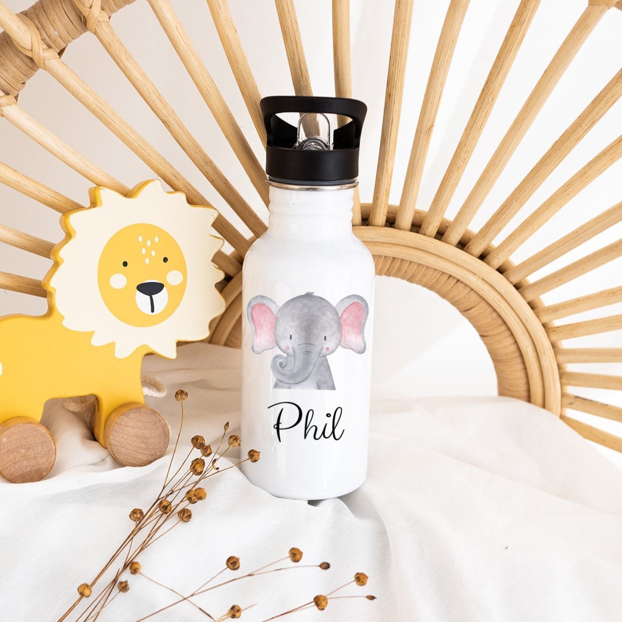 Kinder Trinkflasche weiß mit Trinkhalm personalisiert - Tier Aquarell - wunderwunsch