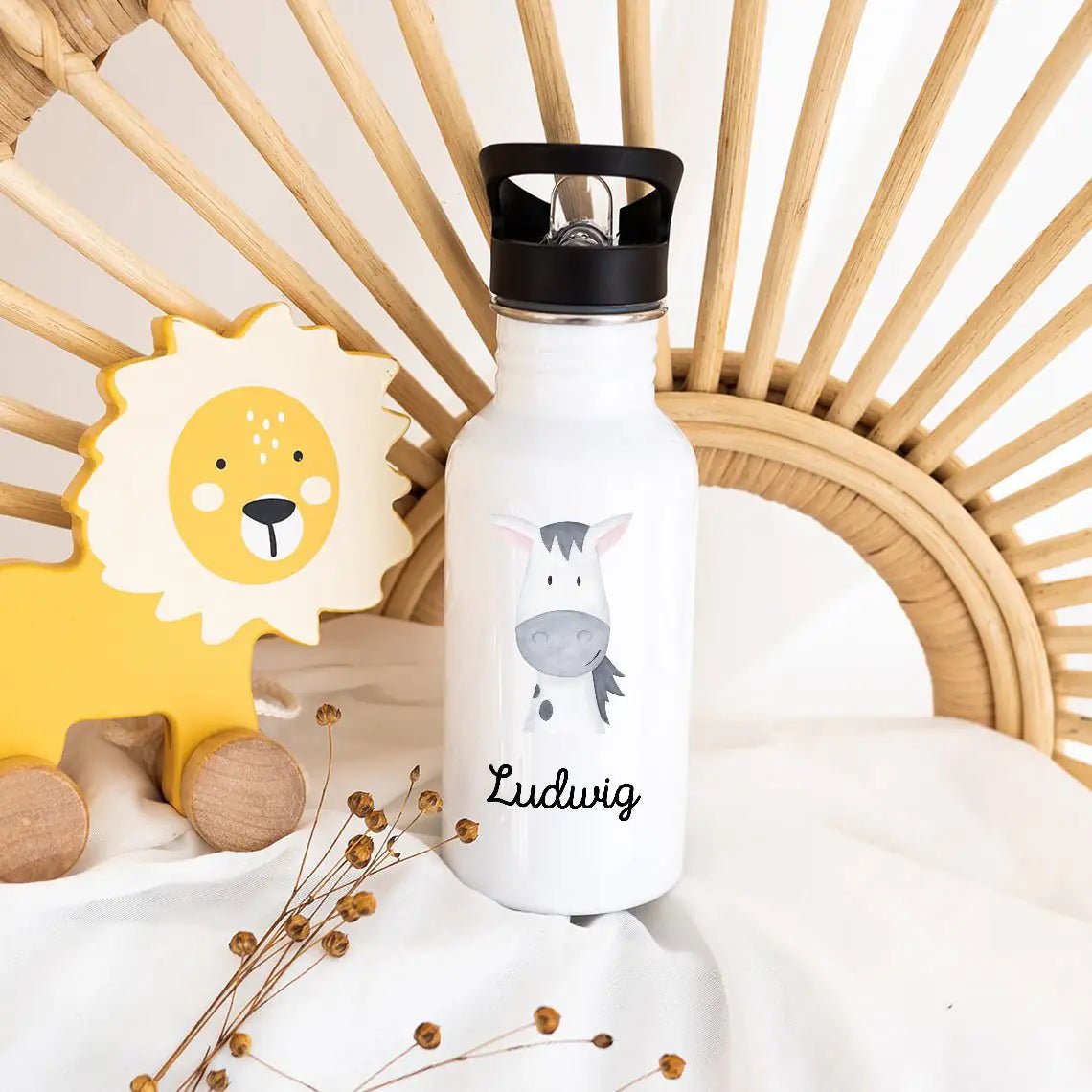 Kinder Trinkflasche weiß mit Trinkhalm personalisiert - Tier Aquarell - wunderwunsch