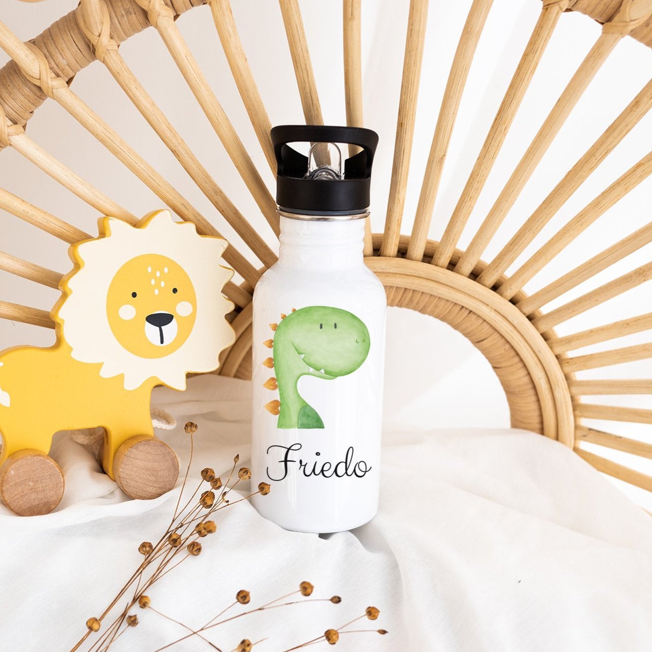 Kinder Trinkflasche weiß mit Trinkhalm personalisiert - Tier Aquarell - wunderwunsch