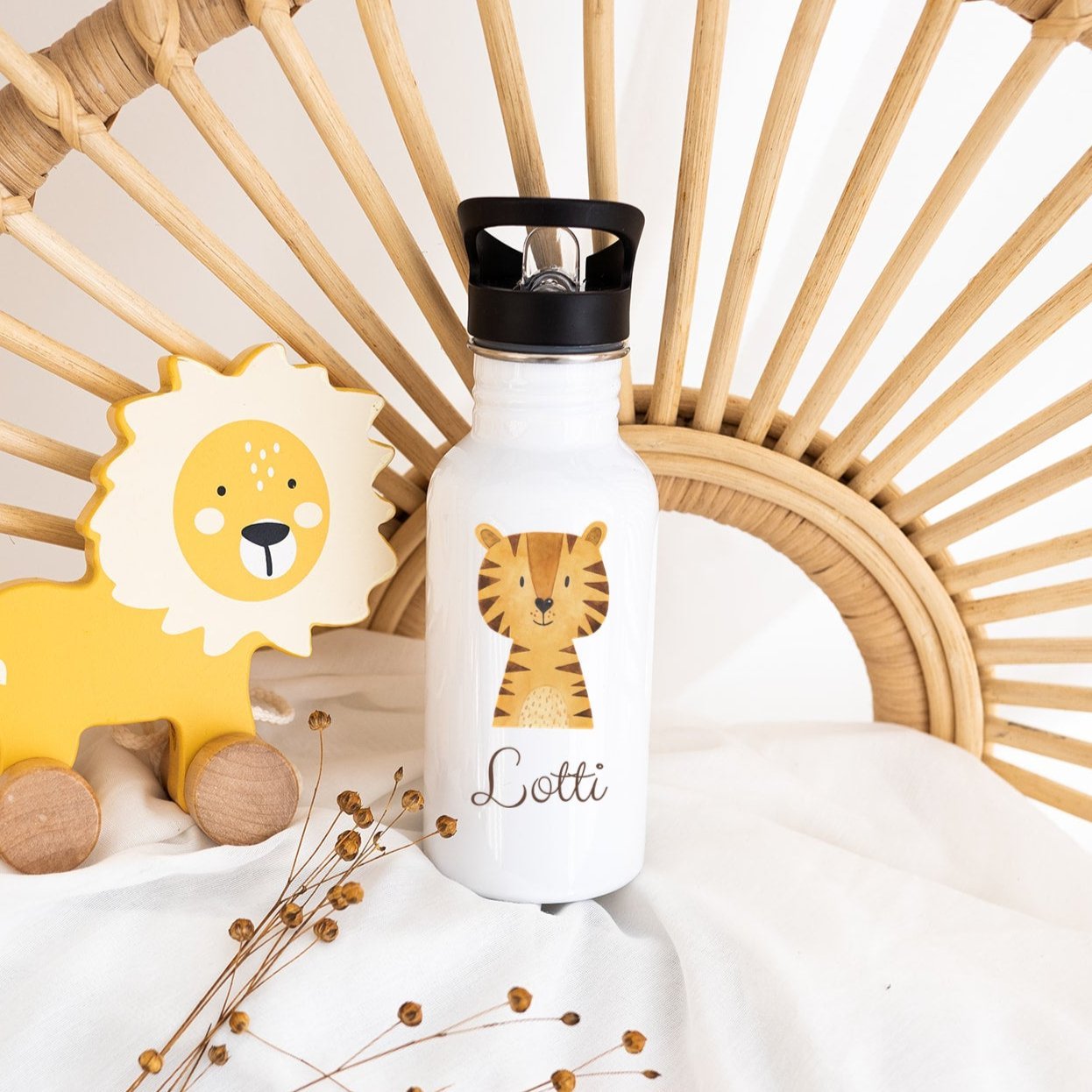 Kinder Trinkflasche weiß mit Trinkhalm personalisiert - Tier Aquarell - wunderwunsch