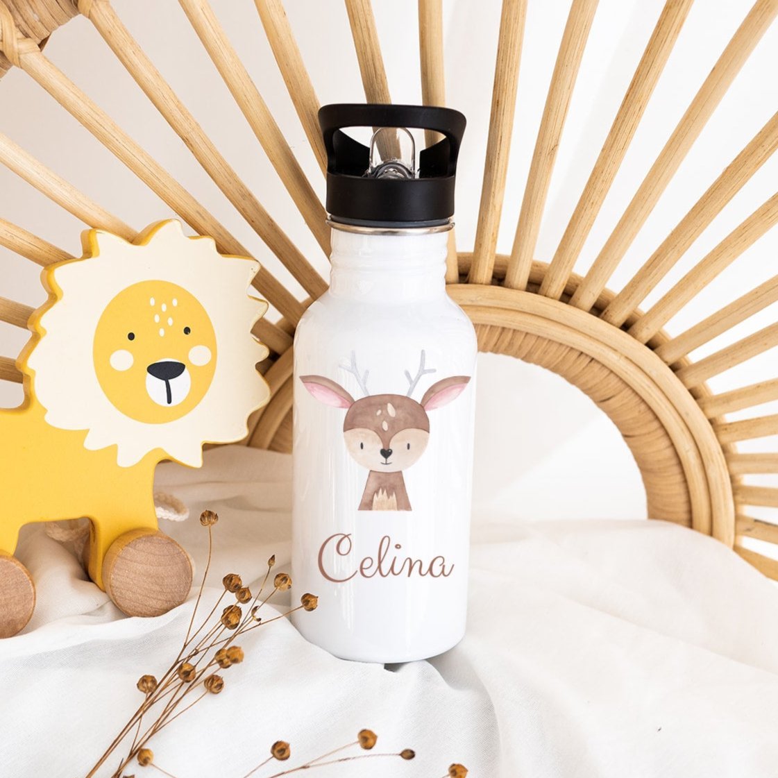 Kinder Trinkflasche weiß mit Trinkhalm personalisiert - Tier Aquarell - wunderwunsch