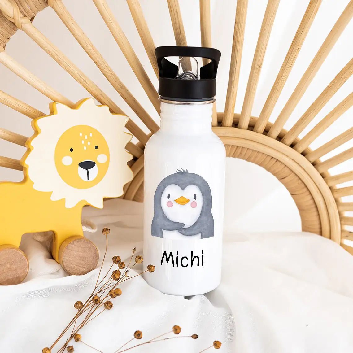 Kinder Trinkflasche weiß mit Trinkhalm personalisiert - Tier Aquarell - wunderwunsch