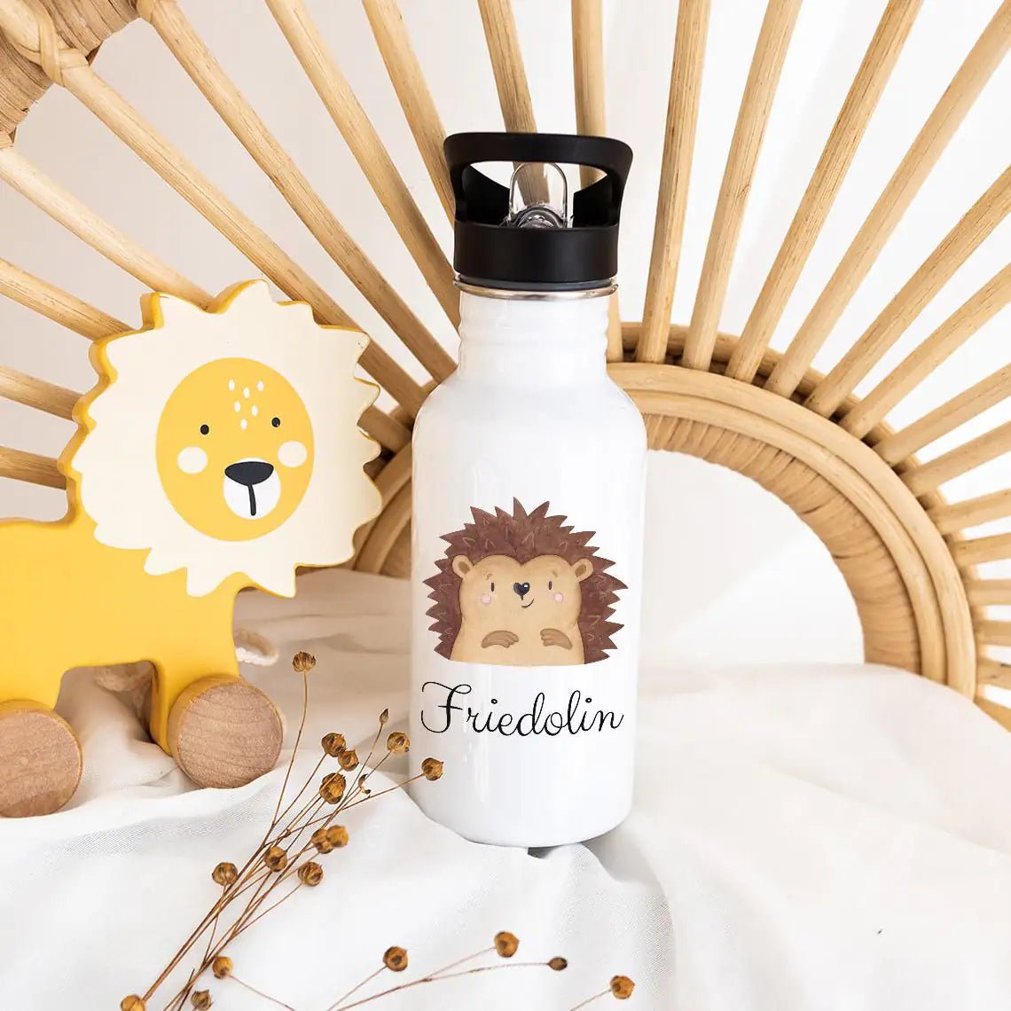 Kinder Trinkflasche weiß mit Trinkhalm personalisiert - Tier Aquarell - wunderwunsch