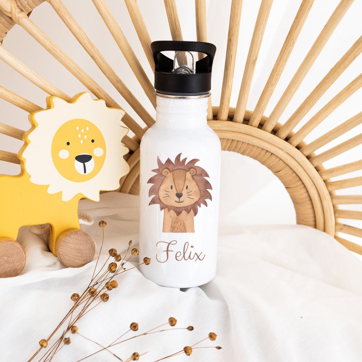 Kinder Trinkflasche weiß mit Trinkhalm personalisiert - Tier Aquarell - wunderwunsch