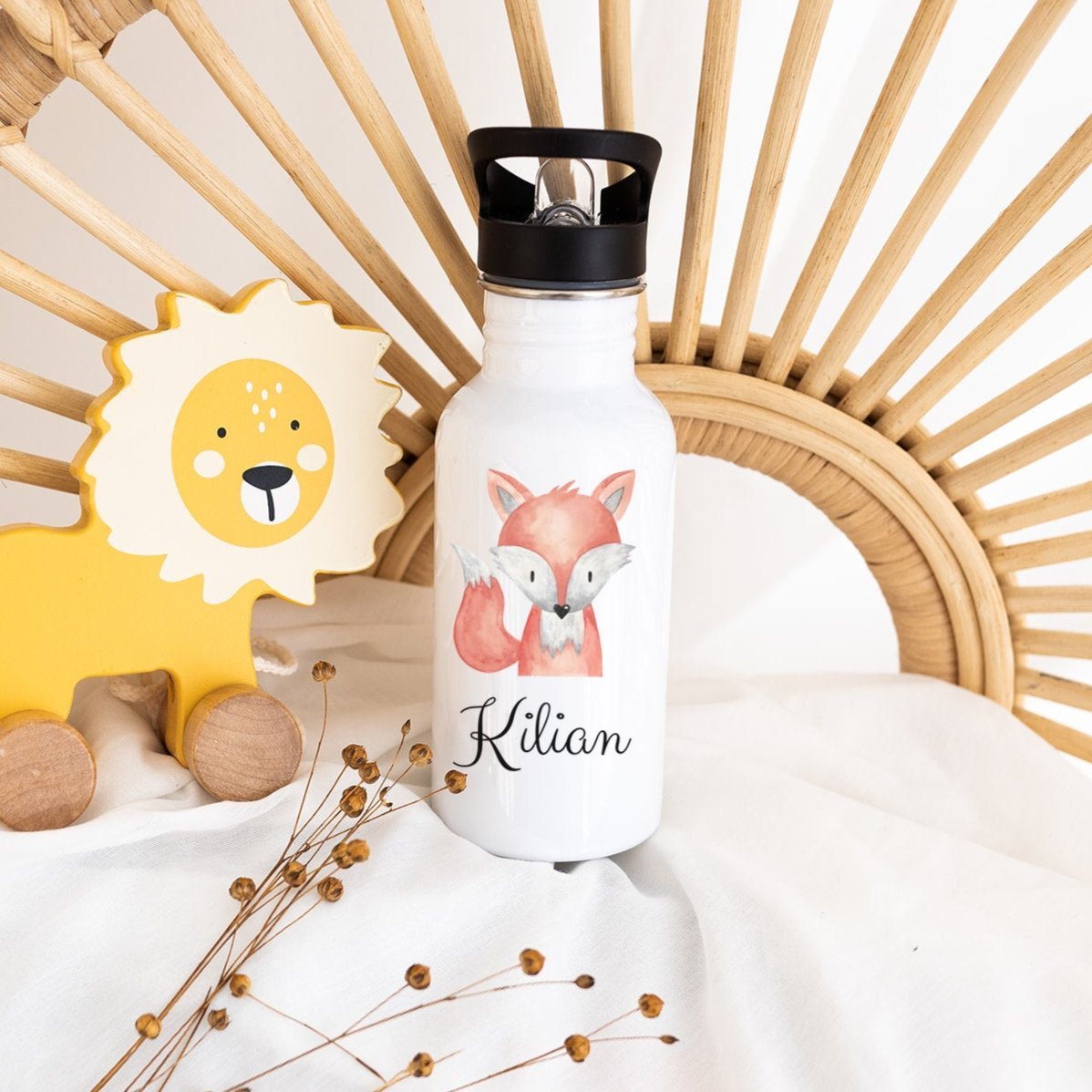 Kinder Trinkflasche weiß mit Trinkhalm personalisiert - Tier Aquarell - wunderwunsch