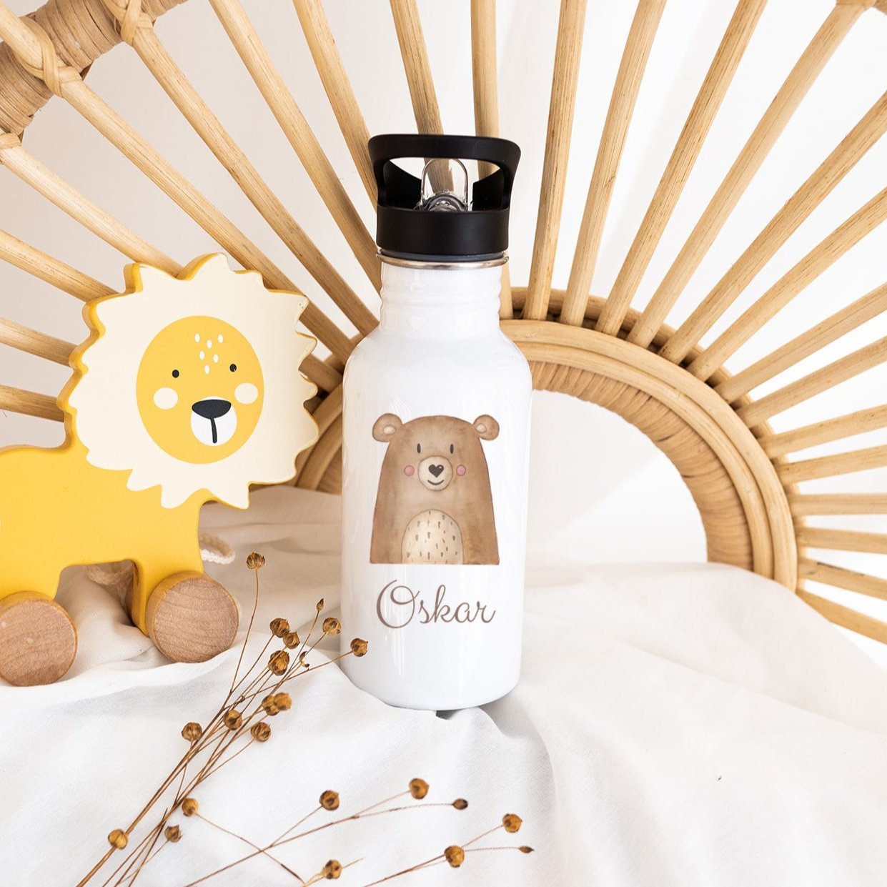 Kinder Trinkflasche weiß mit Trinkhalm personalisiert - Tier Aquarell - wunderwunsch