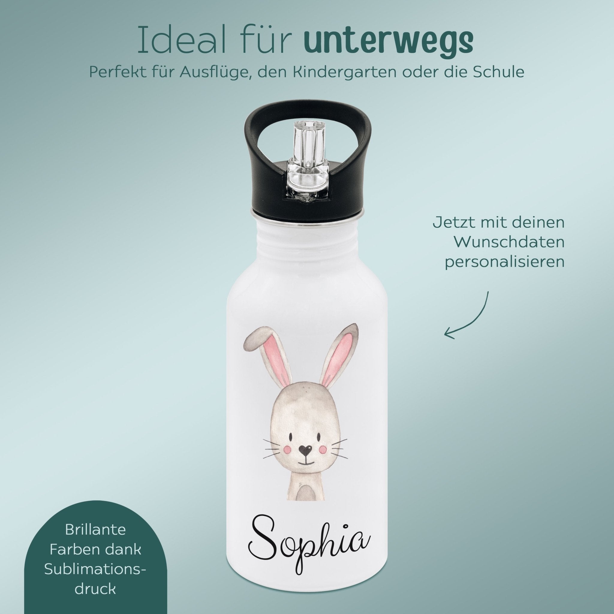 Kinder Trinkflasche weiß mit Trinkhalm personalisiert - Tier Aquarell - wunderwunsch