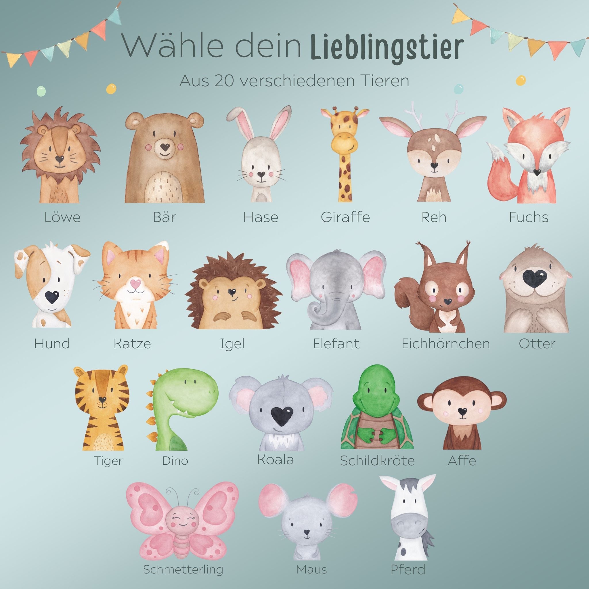 Kinder Trinkflasche weiß mit Trinkhalm personalisiert - Tier Aquarell - wunderwunsch