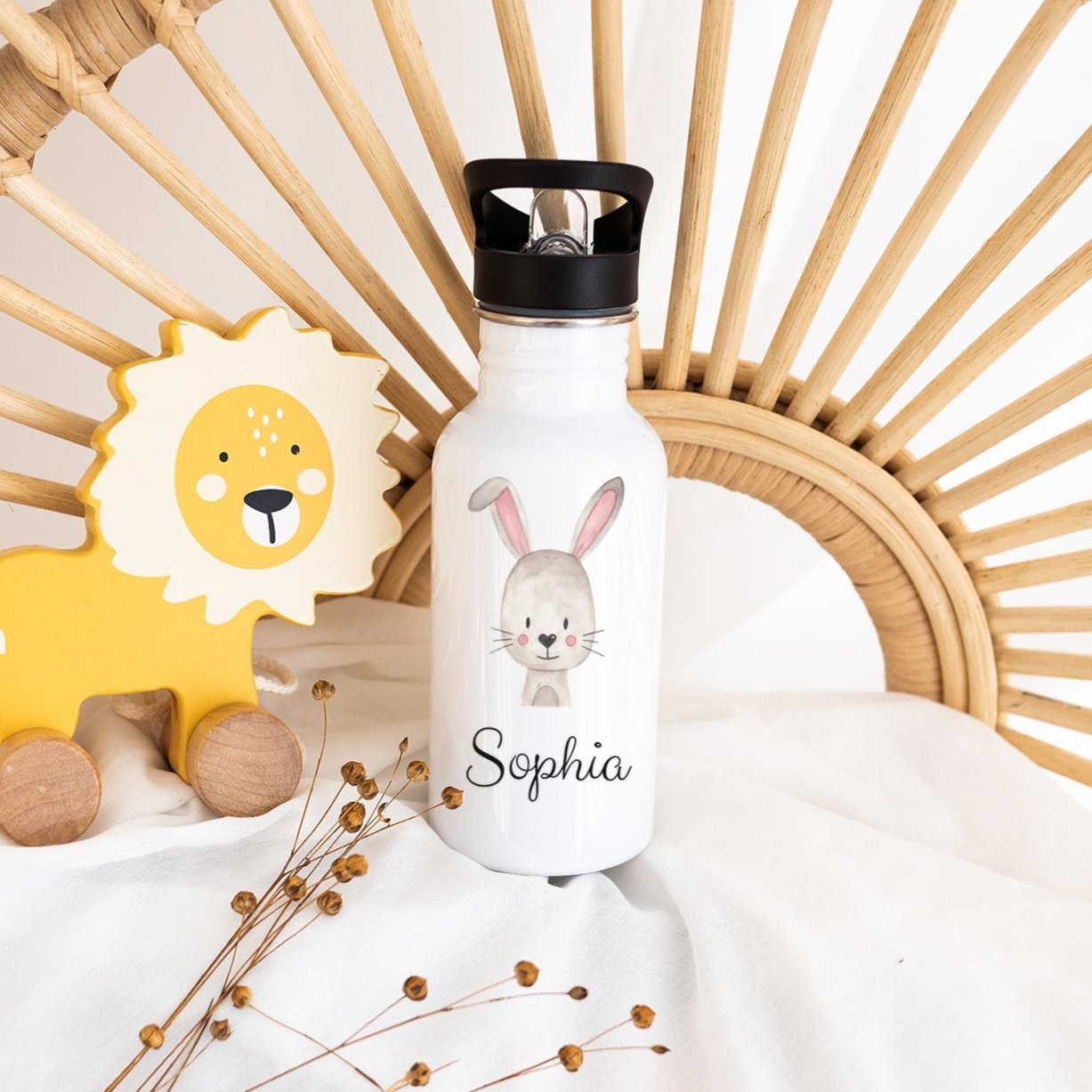 Kinder Trinkflasche weiß mit Trinkhalm personalisiert - Tier Aquarell - wunderwunsch