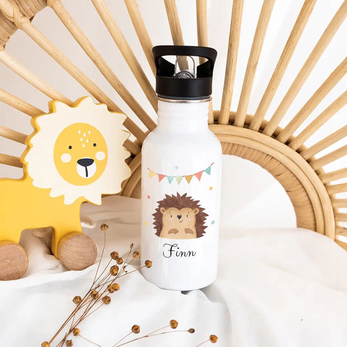 Kinder Trinkflasche weiß mit Trinkhalm personalisiert - Tier Girlande Aquarell - wunderwunsch