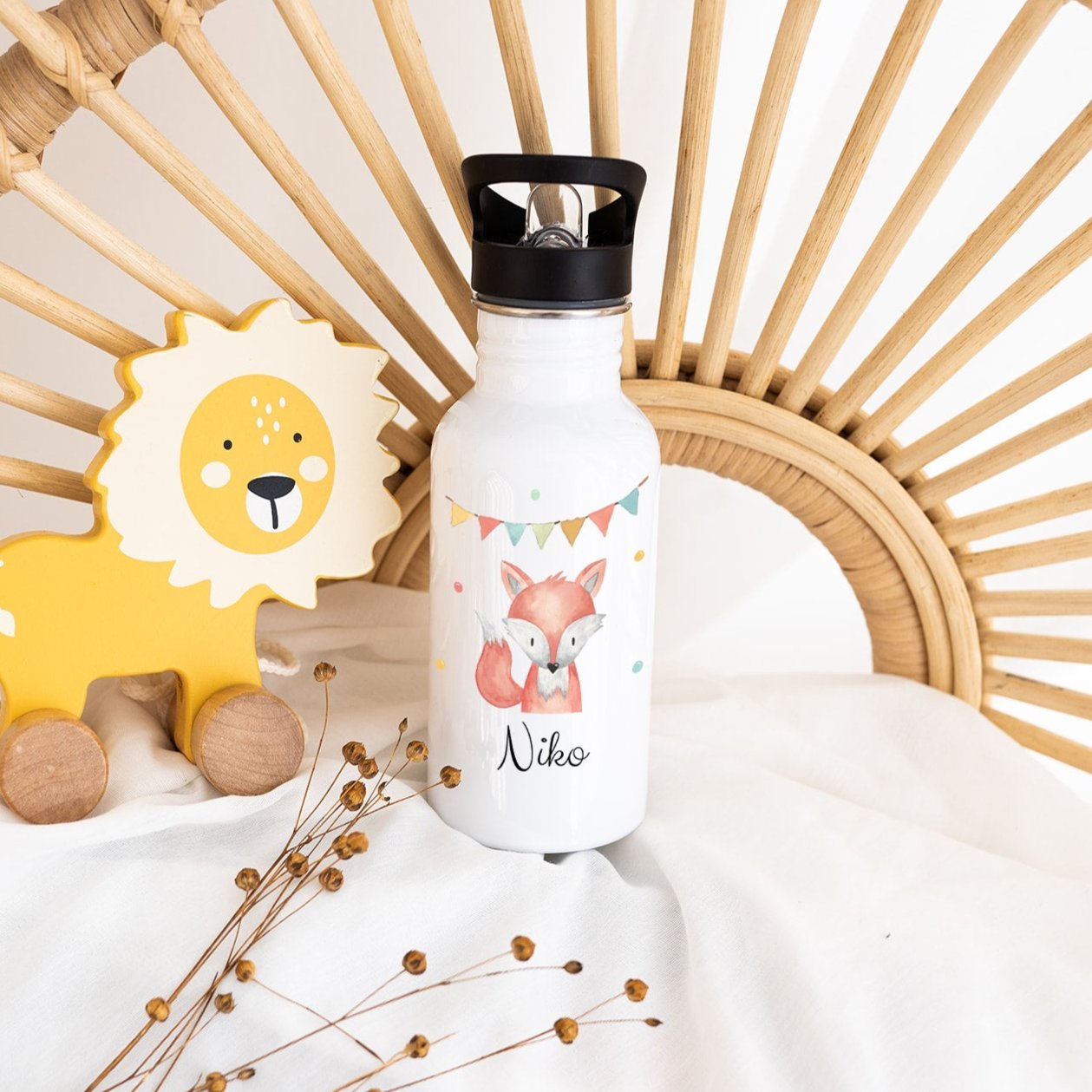 Kinder Trinkflasche weiß mit Trinkhalm personalisiert - Tier Girlande Aquarell - wunderwunsch