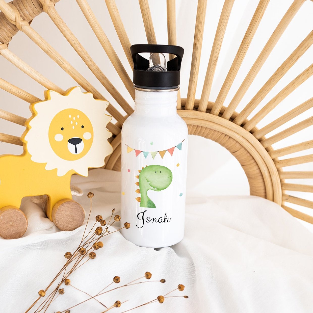 Kinder Trinkflasche weiß mit Trinkhalm personalisiert - Tier Girlande Aquarell - wunderwunsch