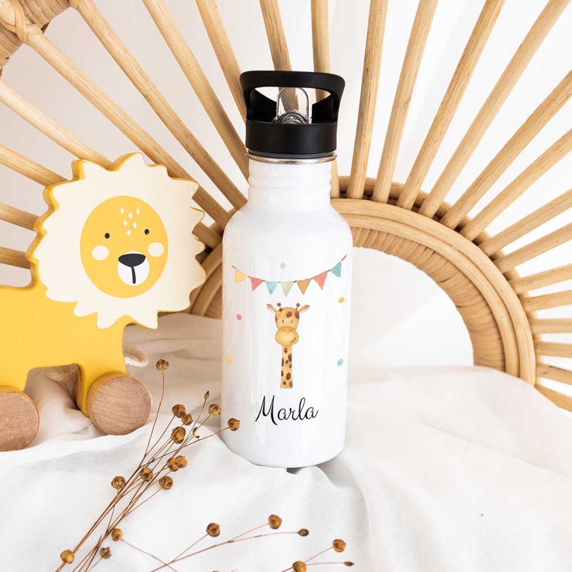 Kinder Trinkflasche weiß mit Trinkhalm personalisiert - Tier Girlande Aquarell - wunderwunsch