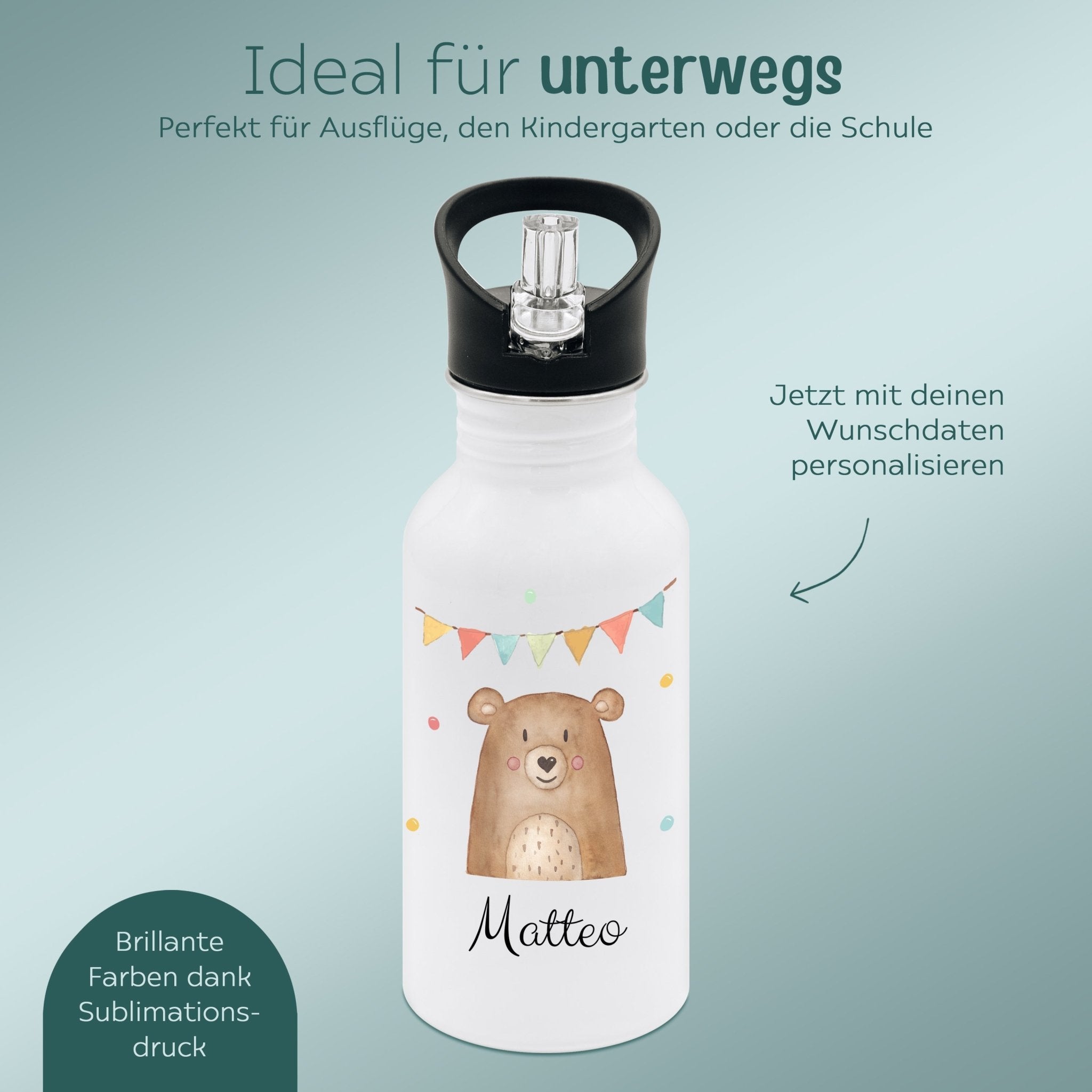 Kinder Trinkflasche weiß mit Trinkhalm personalisiert - Tier Girlande Aquarell - wunderwunsch