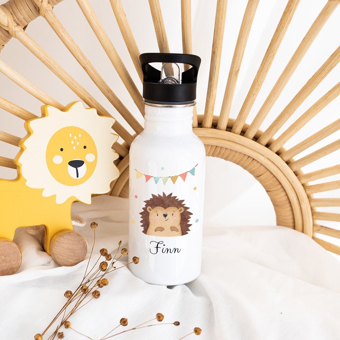 Kinder Trinkflasche weiß mit Trinkhalm personalisiert - Tier Girlande Aquarell - wunderwunsch