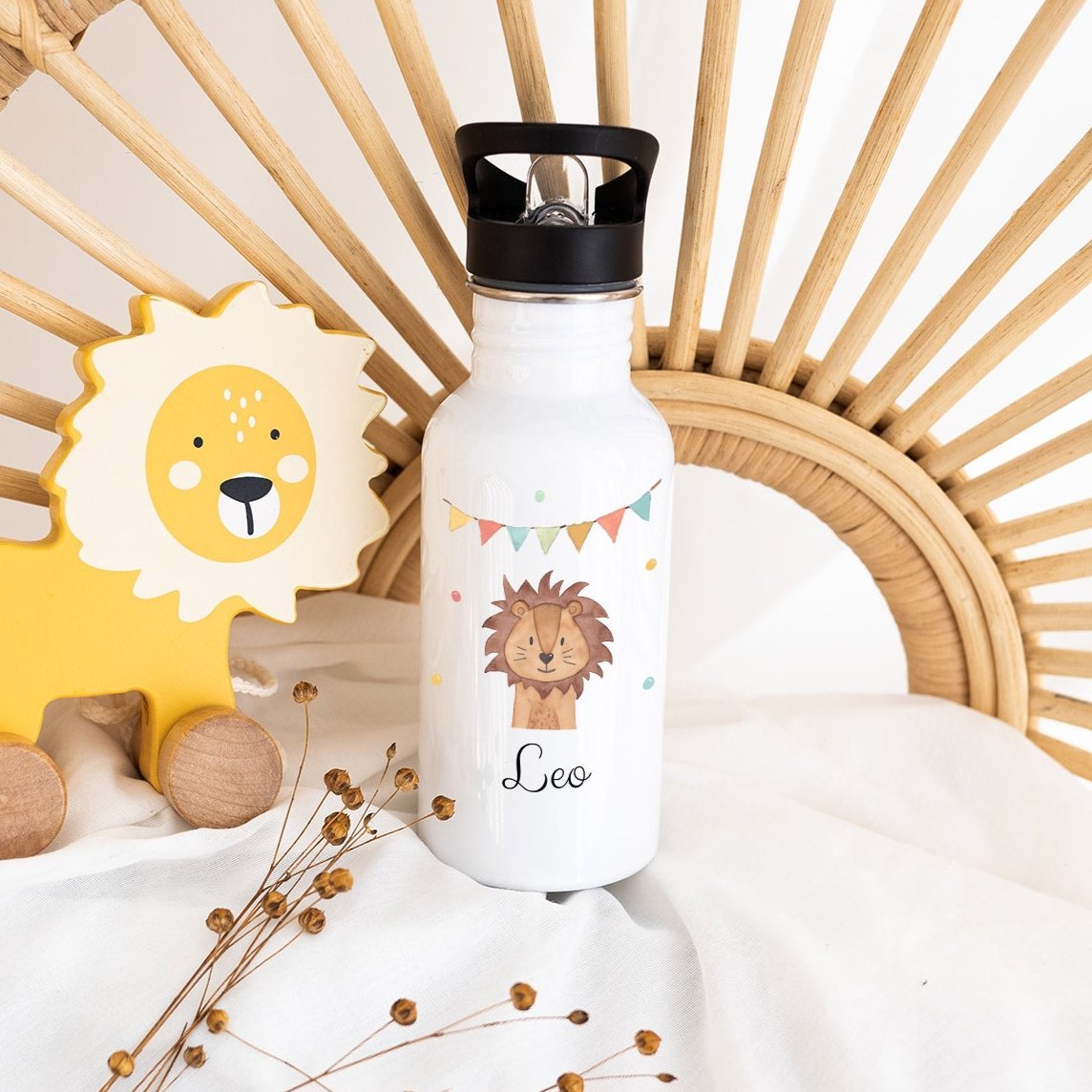 Kinder Trinkflasche weiß mit Trinkhalm personalisiert - Tier Girlande Aquarell - wunderwunsch
