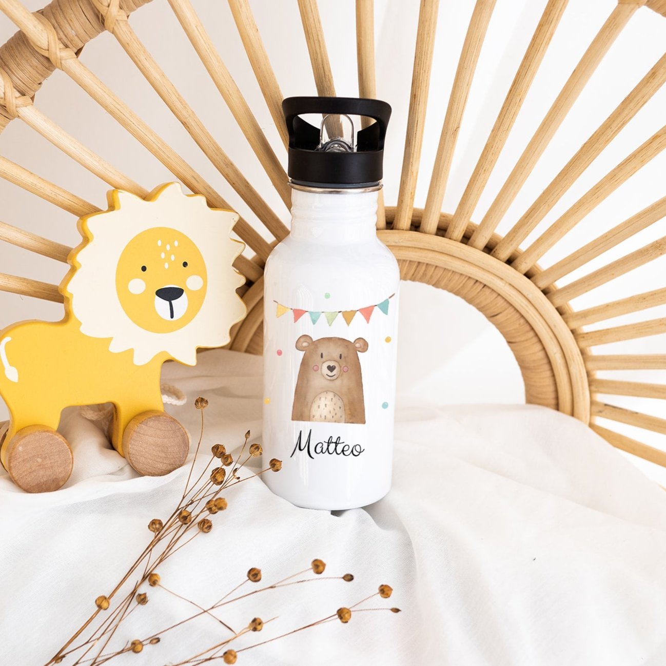 Kinder Trinkflasche weiß mit Trinkhalm personalisiert - Tier Girlande Aquarell - wunderwunsch