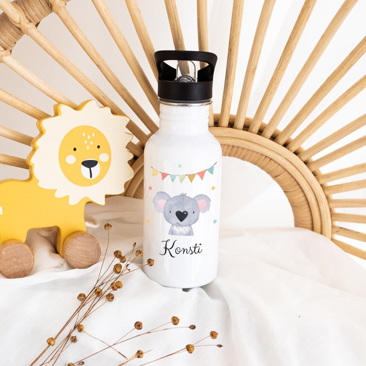 Kinder Trinkflasche weiß mit Trinkhalm personalisiert - Tier Girlande Aquarell - wunderwunsch