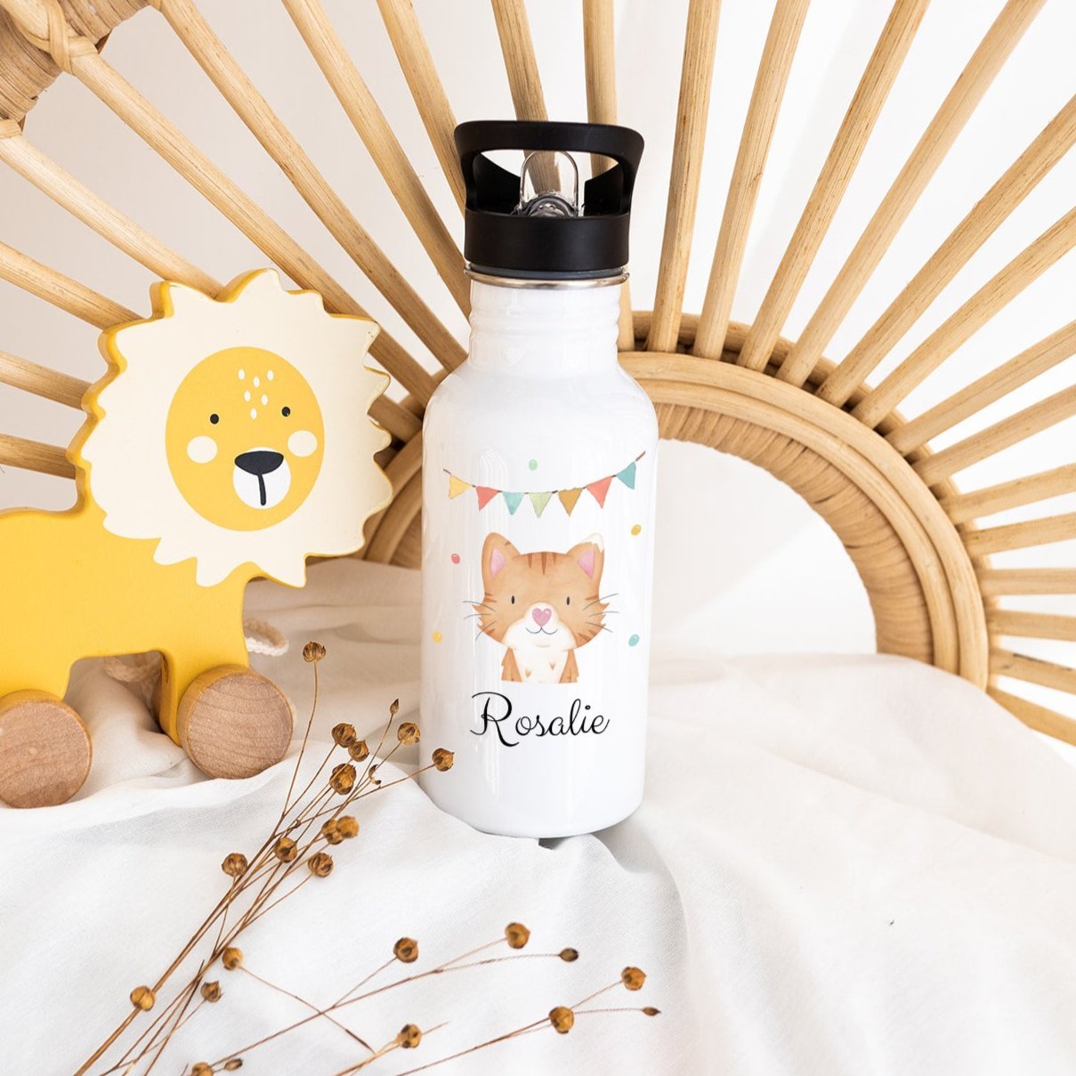Kinder Trinkflasche weiß mit Trinkhalm personalisiert - Tier Girlande Aquarell - wunderwunsch
