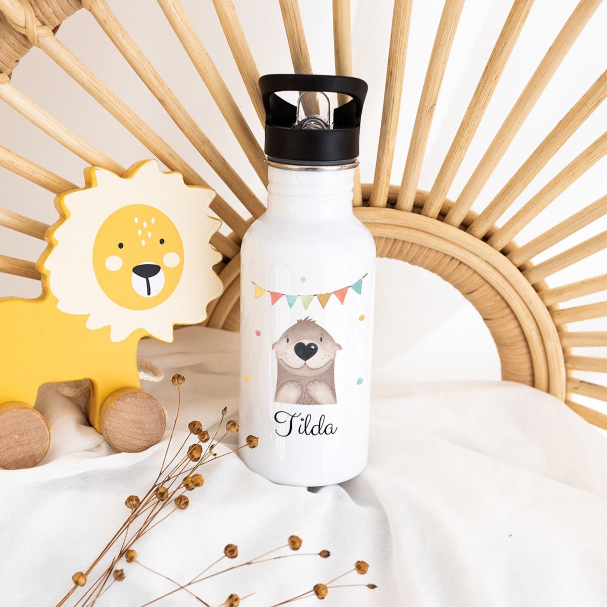 Kinder Trinkflasche weiß mit Trinkhalm personalisiert - Tier Girlande Aquarell - wunderwunsch