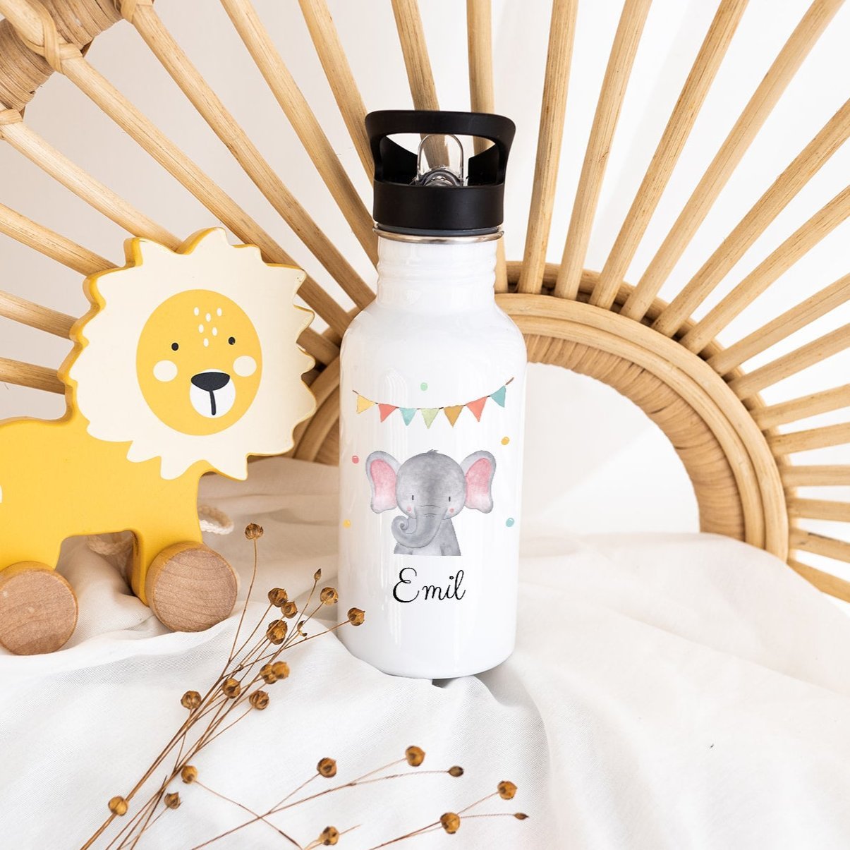 Kinder Trinkflasche weiß mit Trinkhalm personalisiert - Tier Girlande Aquarell - wunderwunsch