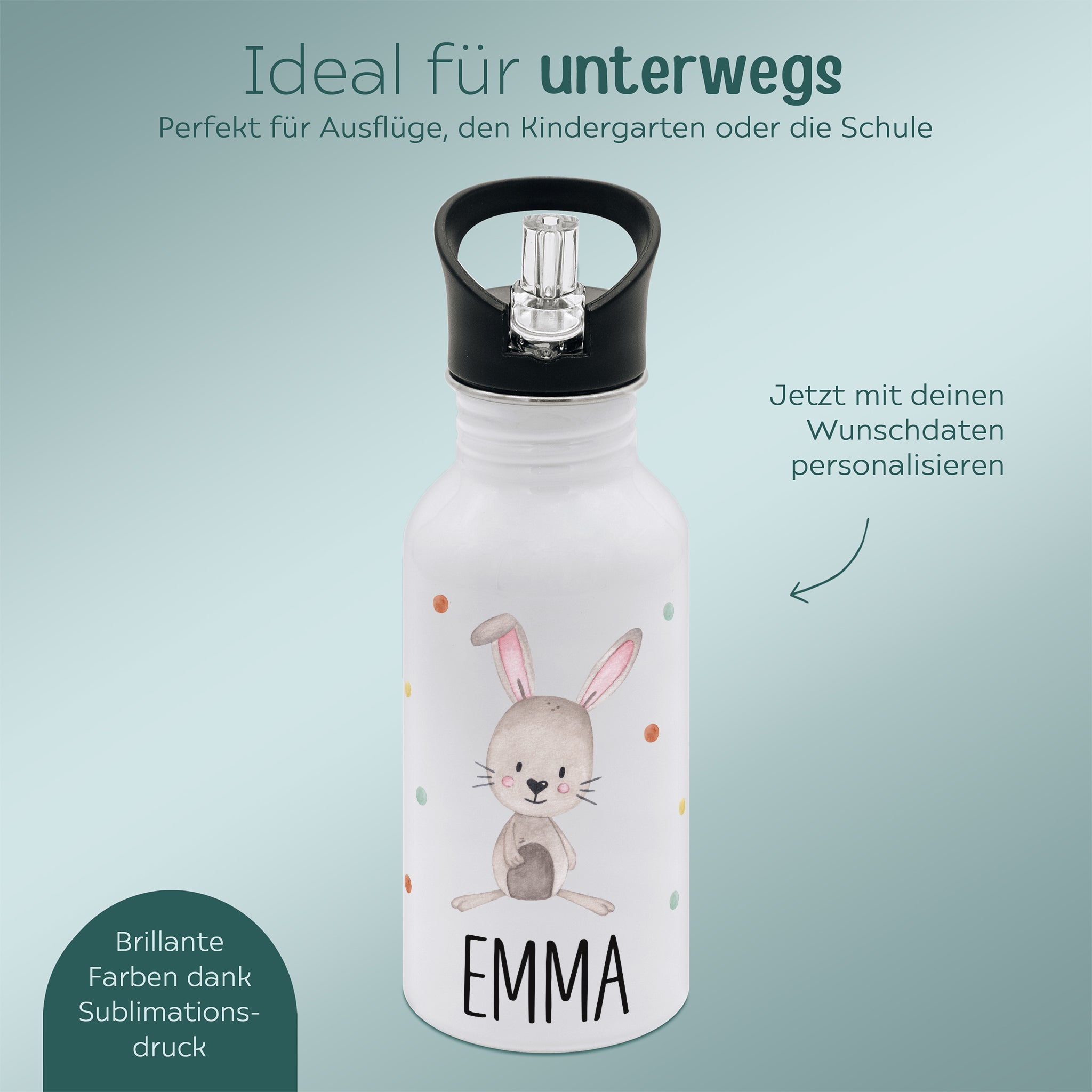 Kinder Trinkflasche weiß mit Trinkhalm personalisiert - Tier Punkte Aquarell - wunderwunsch