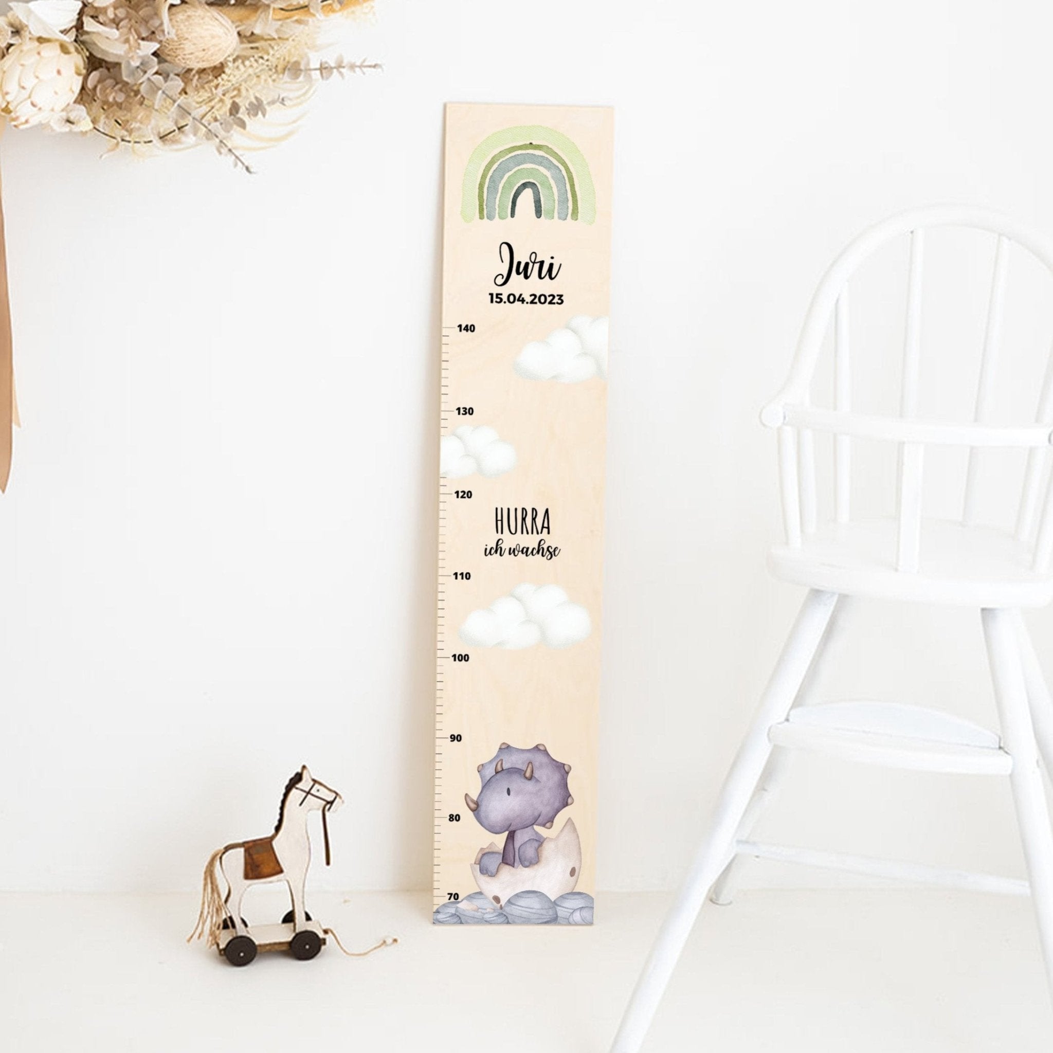 Kindermesslatte Holz personalisiert - Dinosaurier Aquarell - wunderwunsch